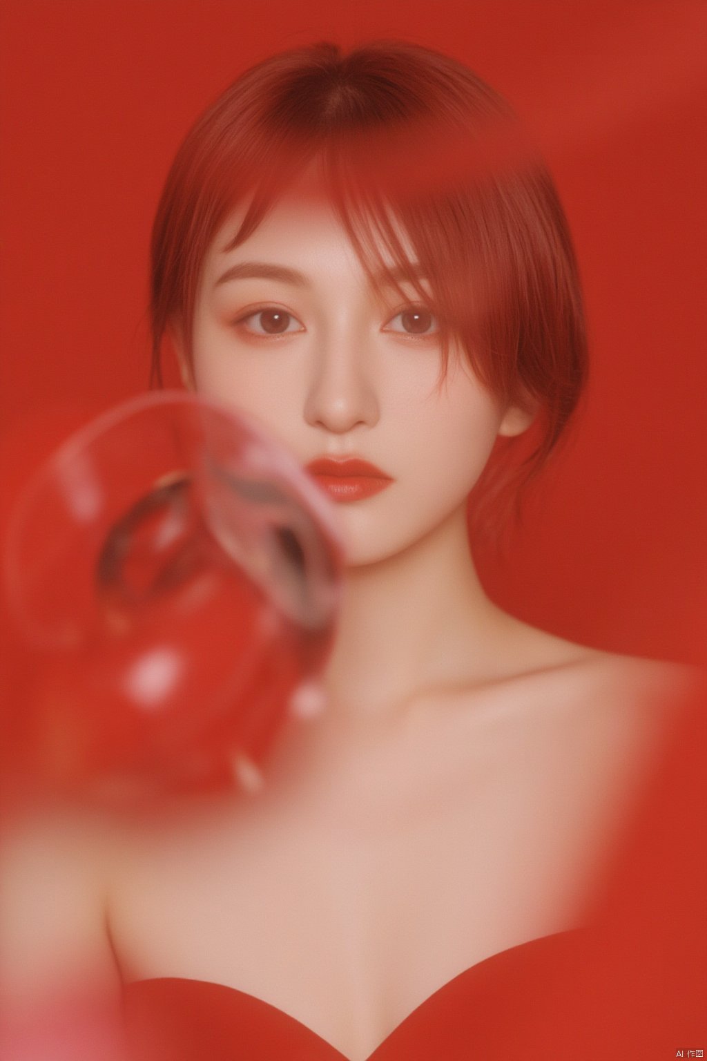 (masterpiece, high quality, fisheye:1.2),(close-up portrait:1.1), solo, model photoshoot,(red theme:1.1), a stylish girl,red hair,silver eyes,red lipstick,red eye shadow,blush,(freckles:0.7), (Chinesewomen, 22 years old:1.3),sexy, pure innocence,(light smile:0.8), in love, simple red dress, cleavage, detailed natural skin texture, seductive gaze, detailed lighting, (red:1.1) wall background, shallow depth of field, romantic setting, dreamy pastel palette, whimsical details, captured on film, (intricate details:0.5),
