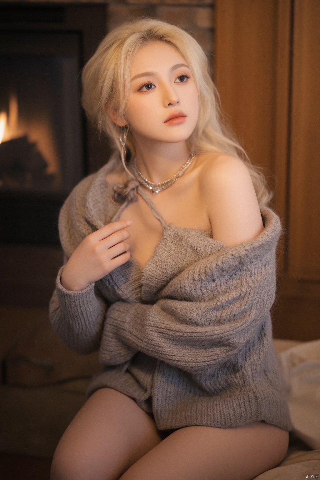 Generate hyper realistic image of a blonde woman resembling a Barbie doll, sitting on a brown couch. She has long, straight blonde hair and striking blue eyes, looking directly at the viewer with a warm smile. The woman wears a cozy gray knitted sweater and a matching gray knitted skirt, accessorized with a silver necklace and earrings. Her left hand gracefully rests on her right shoulder, accentuating her hourglass figure with a full bust, narrow waist, and wide hips. In the upper right corner, a fireplace casts a warm glow, illuminating the inviting scene.
