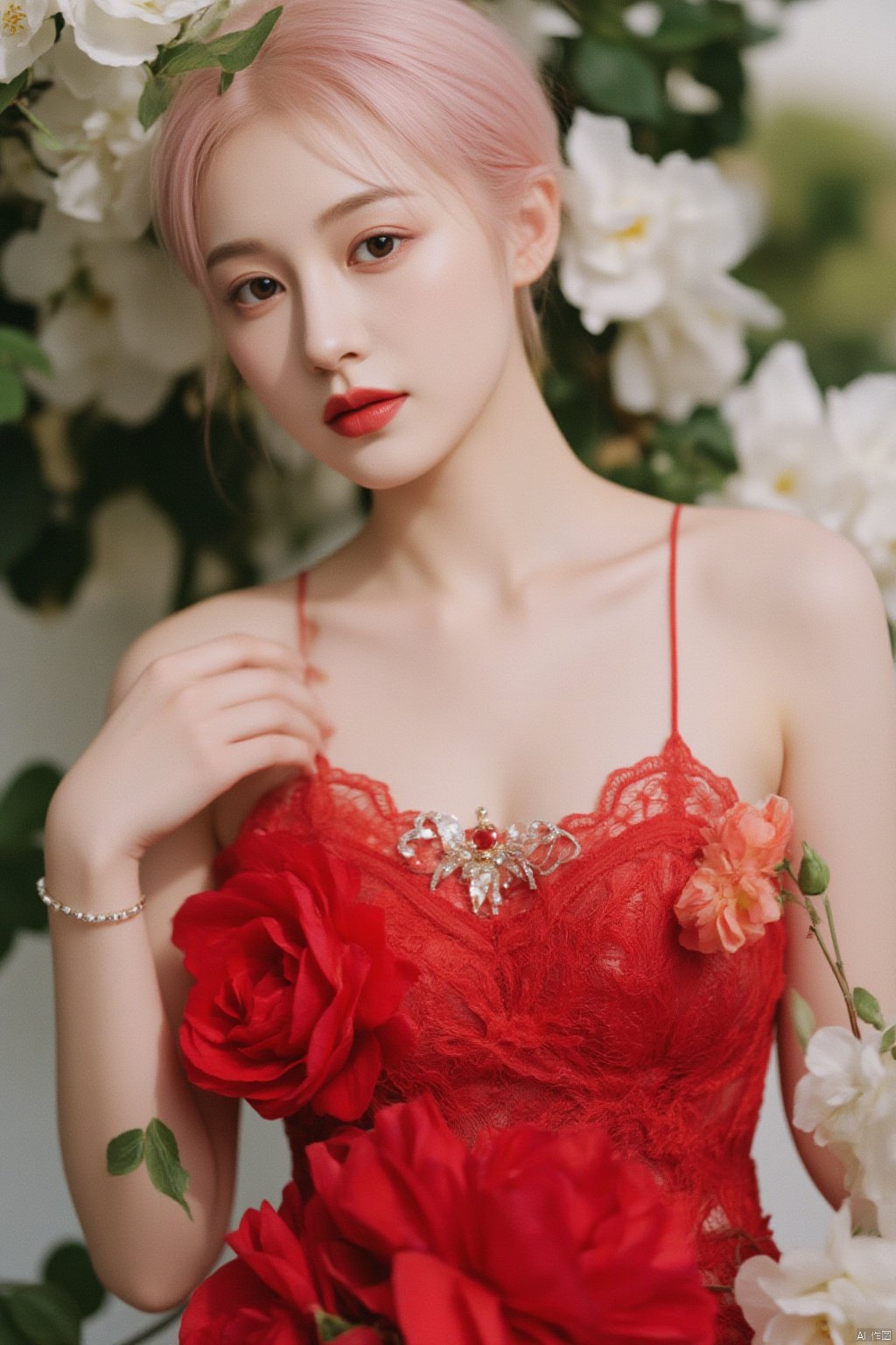 (Romantic floral wrap lace top:1.4), (Flowy Midi skirt:1.4), (Delicate Beaded bracelets:1.3), (Garden wedding background:1.45), 1girl, solo, pink hair, outdoors, streets, street, city, chinese woman, lip, brown eyes, finelydetailedeyes, She has exquisite facial features and delicate skin, Rich and realistic skin texture, fine hands, the magnificent red evening dress was adorned with sparkling jewelry,