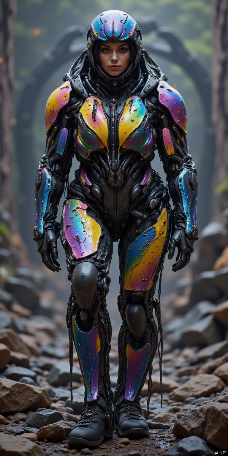 masterpiece, cinematic photography, highest quality, a gorgeous 23yo female explorer, smokey eye make-up, full body heavy armor, covered from the neck below, dirty used and scratched gear, random futuristc location, full body front view, AITK robotics,AITK ROBOTICS,COLORFUL CHAOS CRACKS AND DROPS,RAINBOW GLOW.