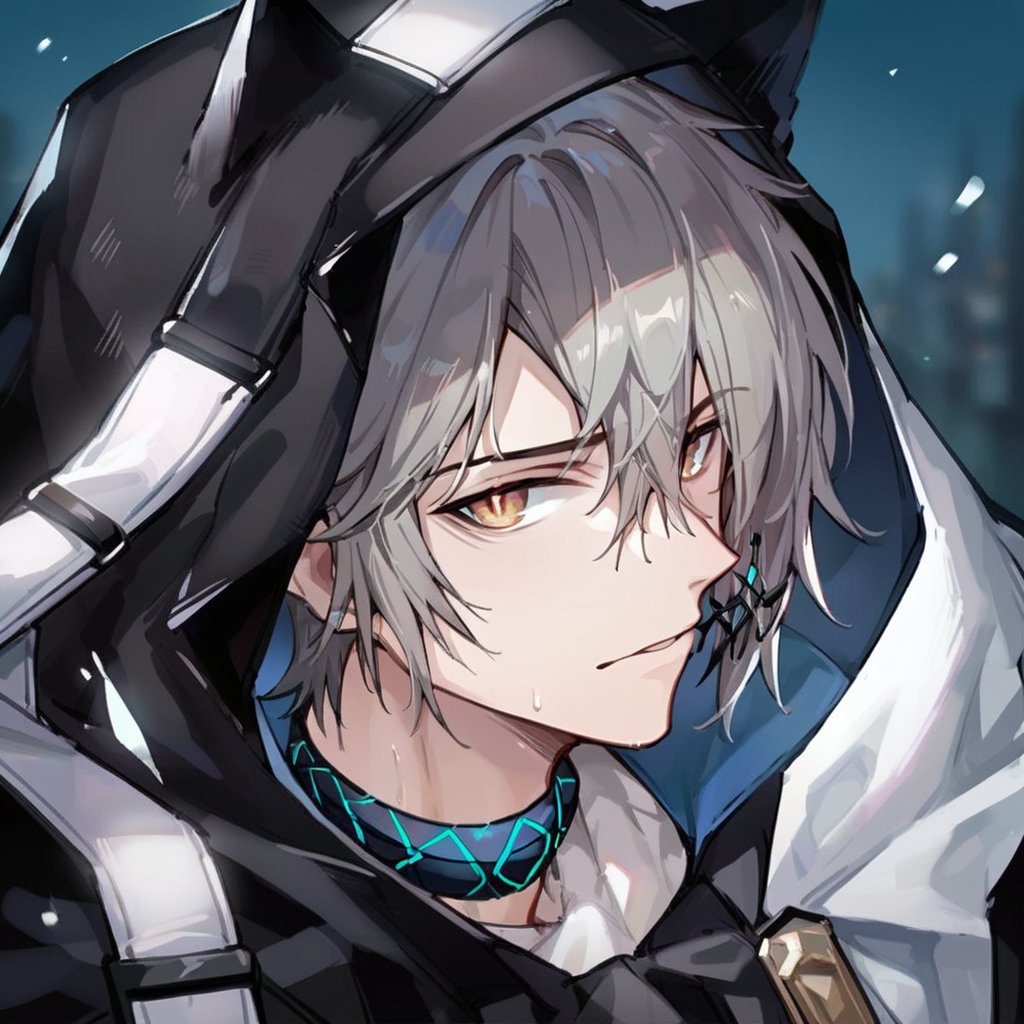 score_9, score_8_up, score_7_up, score_6_up, score_5_up, score_4_up, source_anime, BREAK, 1boy, male focus, looking at viewer, close up,,phantom_arknights,cat ears,grey hair,hood up,black cape,black jacket,