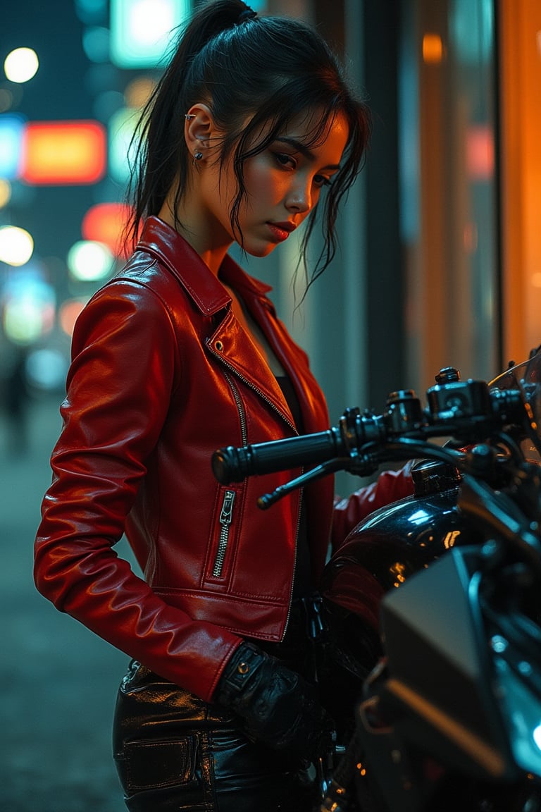 Yoji Shinkawa art style, a woman wearing a red leather jacket, standing next to a sleek motorbike, intricate ink lines and metallic textures, dramatic shadows, woman with a confident pose, motorbike with detailed mechanical elements, street background with neon lights, soft ambient lighting, close-up shot focusing on her and the bike, atmospheric and moody composition.