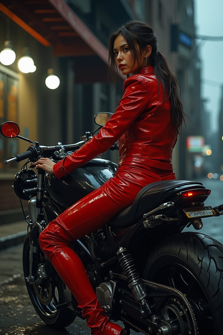 Yoji Shinkawa art style, a woman wearing a red leather jacket, standing next to a sleek motorbike, intricate ink lines and metallic textures, dramatic shadows, woman with a confident pose, motorbike with detailed mechanical elements, street background with neon lights, soft ambient lighting, close-up shot focusing on her and the bike, atmospheric and moody composition.