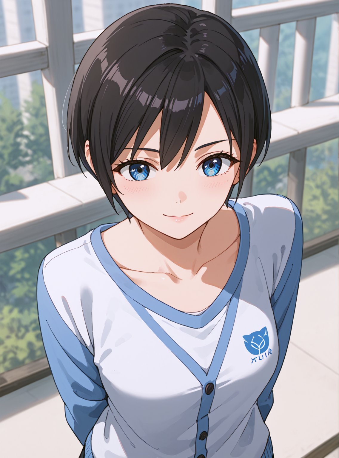 score_9, score_8_up, score_7_up, source_anime, (perfect anatomy:1.4), beautiful skin,
,//characters, 
1girl, solo, akebiyuwa, black hair, short hair, bangs, blue eyes, collarbone, white shirt, cardigan
,//situation

,//Pose
arms behind back, dutch angle, from above
,/LoRA, beautiful_female_fingers, (4_fingers and 1thumb on hand), (perfect hand), (beautiful hands), perfect anatomy,