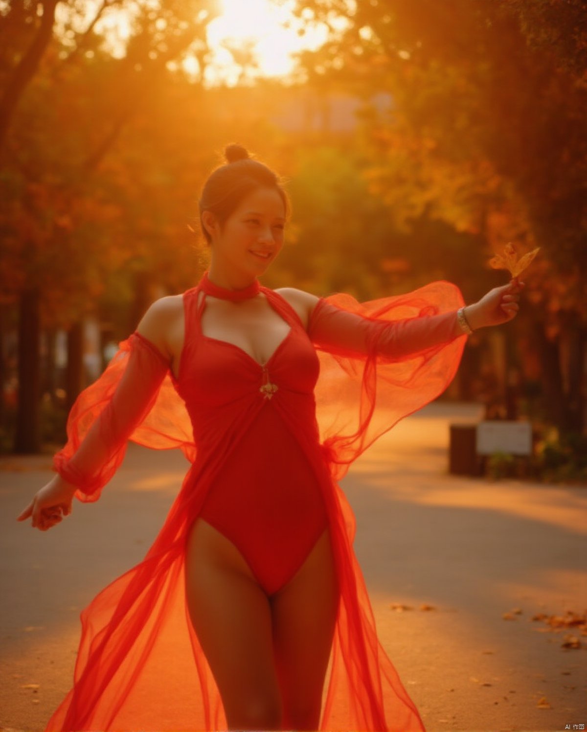 A majestic shot on Fujifilm XT3: A stunning Chinese woman dances joyfully, her vibrant red chinadress and transparent gauze showcasing toned legs and curvaceous figure against Ancient Palace's warm golden sunset backdrop. She gazes down, infectious happiness radiating as camera captures her plump breasts accentuated by deep cleavage. Fallen leaves carpet the ground, adding natural beauty to this cinematic masterpiece.