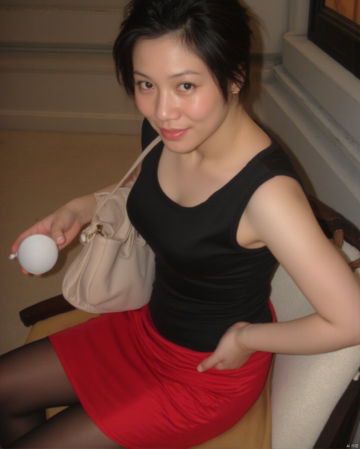 A close-up shot of a handsome man in a fitted vest and pencil skirt, showcasing his confidence. He's sitting comfortably with one hand holding a cup, the other grasping a bag. His black hair is styled perfectly, framing his striking black eyes. A red skirt hangs loosely around him, paired with black pantyhose that add a touch of elegance. The focus is solely on him as he exudes beauty and masculinity, with a blurry background allowing the viewer to concentrate on his captivating presence.