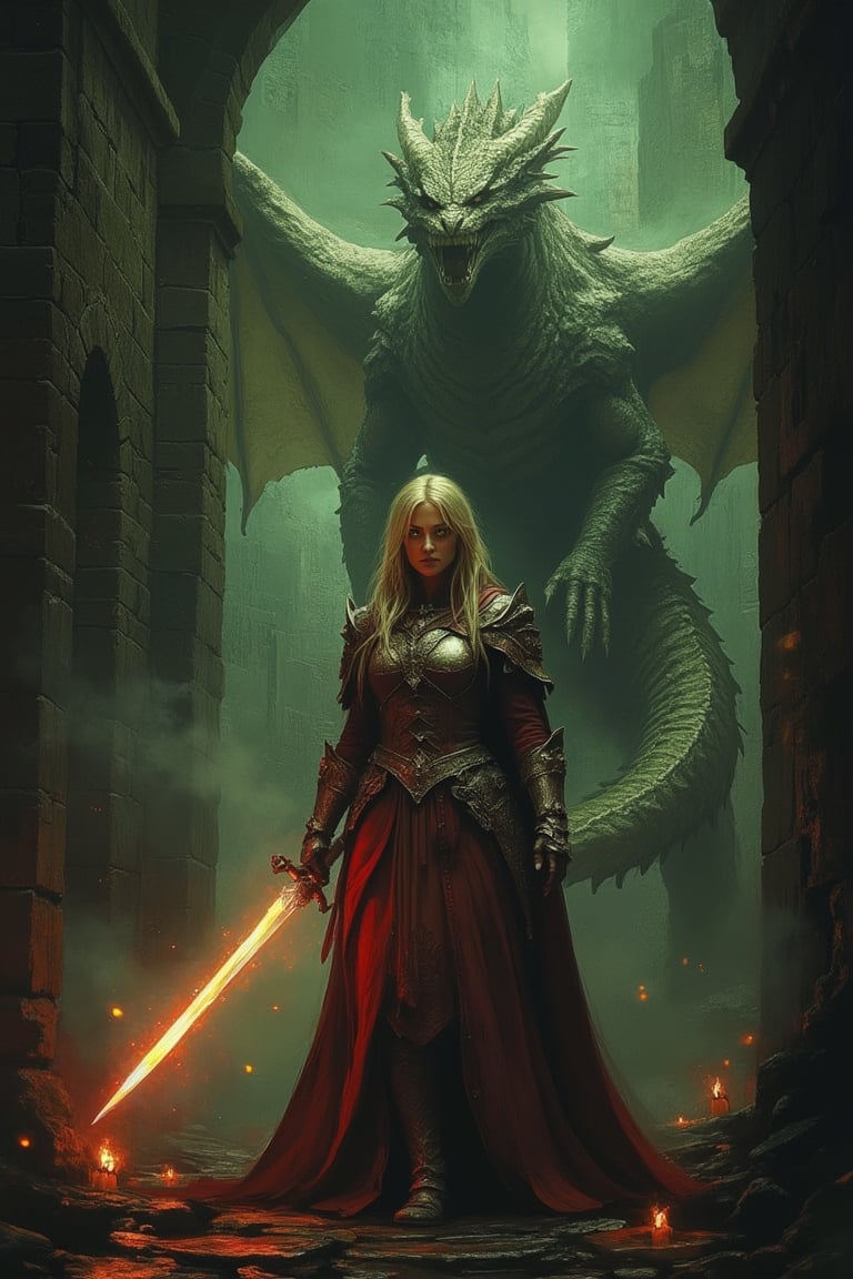 A majestic woman stands tall, wielding a glowing sword, her armor glinting under the dim dungeon lighting. A fearsome dragon looms behind her, its scales shimmering with a menacing aura. The composition is dynamic, with the woman's determined pose and the dragon's outstretched wings creating a sense of tension and power. The scene is framed with ancient stone walls and flickering torchlight, enhancing the epic atmosphere.