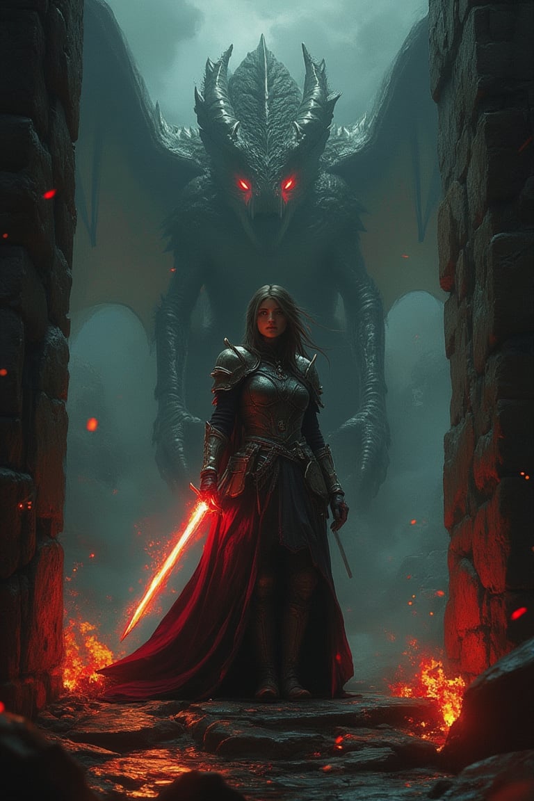 A majestic woman stands tall, wielding a glowing sword, her armor glinting under the dim dungeon lighting. A fearsome dragon looms behind her, its scales shimmering with a menacing aura. The composition is dynamic, with the woman's determined pose and the dragon's outstretched wings creating a sense of tension and power. The scene is framed with ancient stone walls and flickering torchlight, enhancing the epic atmosphere.