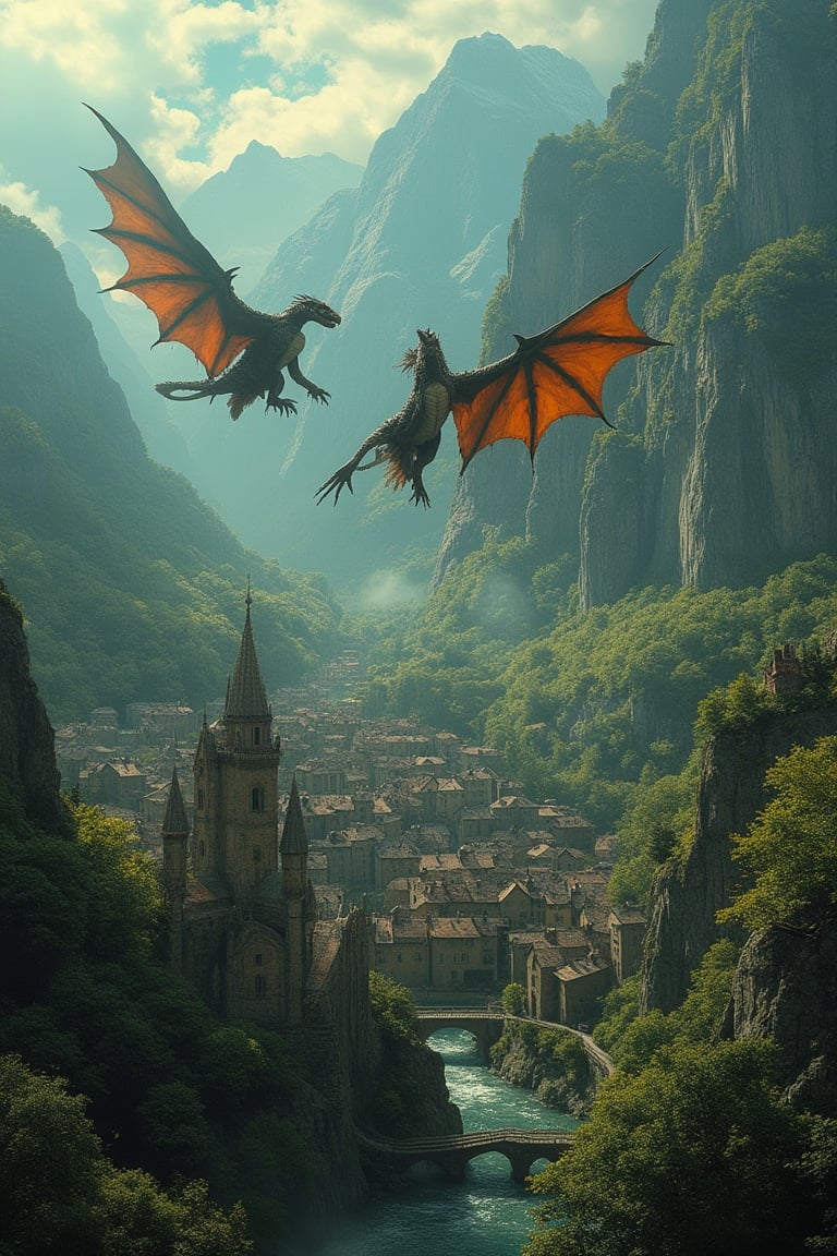 An aerial view of a picturesque village nestled in a lush valley, surrounded by towering mountains. Majestic dragons soar gracefully above, their scales glistening in the golden sunlight. The village is a blend of stone cottages and wooden bridges, with smoke rising from chimneys. The dragons' wings create dynamic shadows on the landscape below. The composition captures the awe-inspiring grandeur of the dragons juxtaposed with the serene, inviting village.