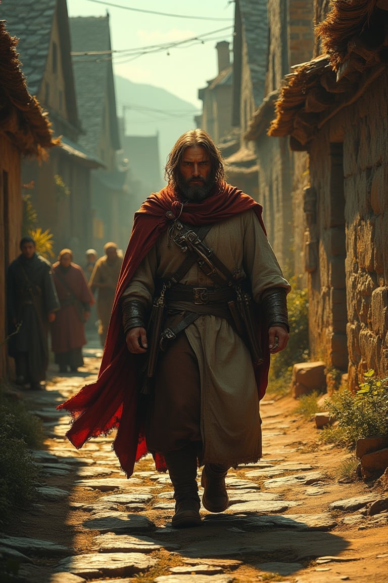 A rugged man strides confidently through a quaint village, his cloak billowing in the breeze. The cobblestone streets are lined with thatched-roof cottages, and villagers go about their daily tasks. The scene is bathed in warm, golden sunlight, casting long shadows. The man's determined expression and the bustling village life create a vibrant, inviting atmosphere. The composition captures the man's journey through the heart of the village, framed by the rustic architecture and lively activity.