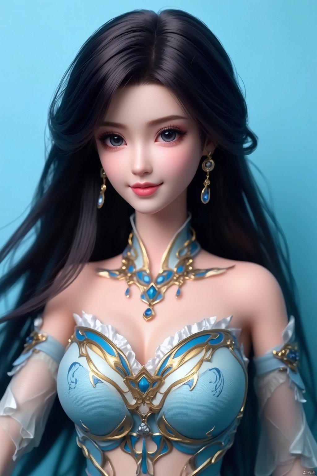 a close-up shot of a woman with long dark hair,  wearing a blue and white bra,  adorned with a necklace and earrings. The...