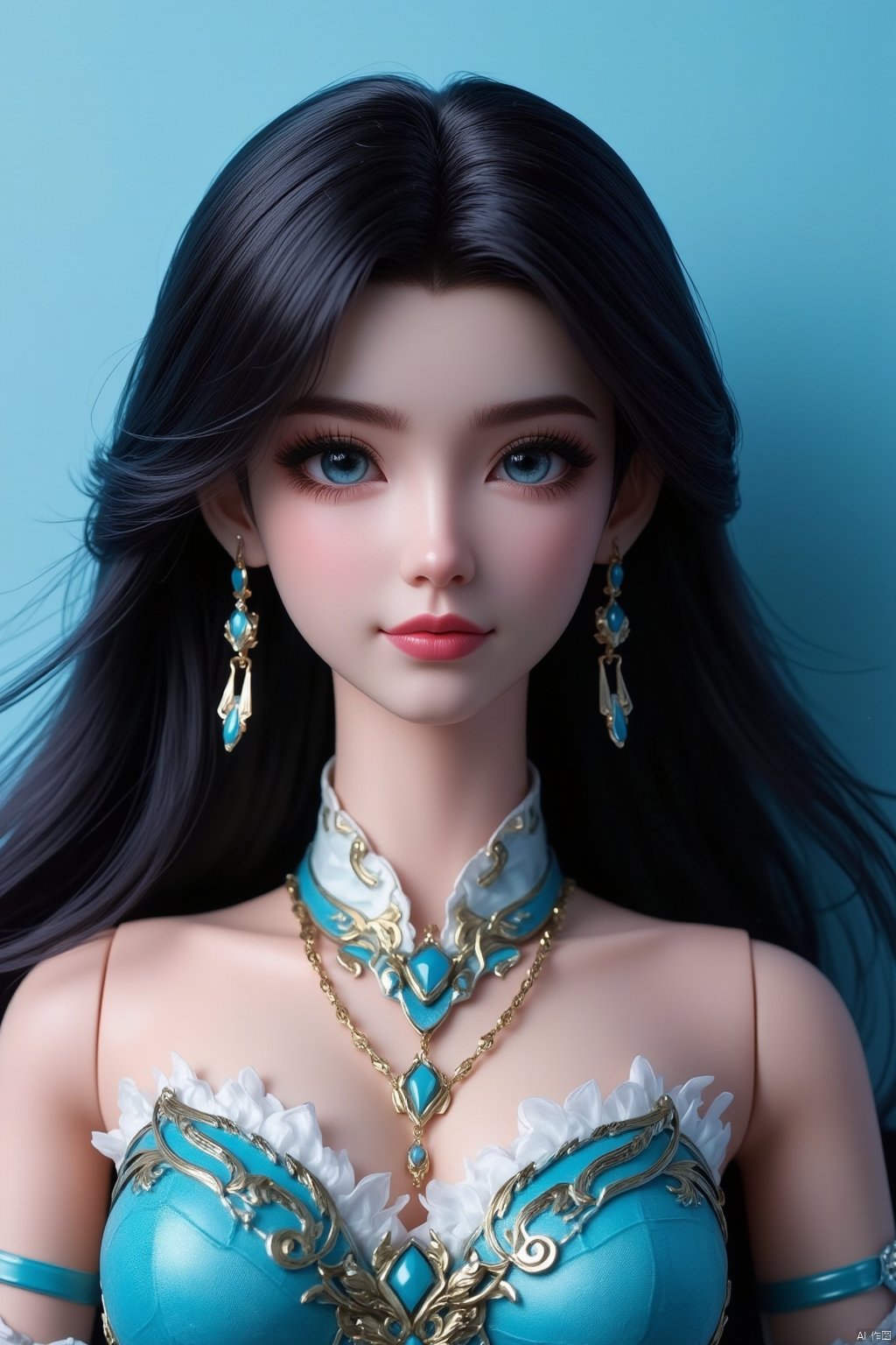 a close-up shot of a female doll with long dark hair,  wearing a blue and white bra,  adorned with a necklace and earrings...