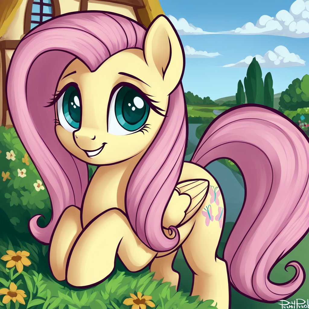 score_9, score_8_up, score_7_up, source_pony, hi res, (ultra hd quality details), rating_safe, outdoors, garden, cottage, blue sky, solo, fluttershy (mlp), faint smile, innocent, looking at viewer, face focus