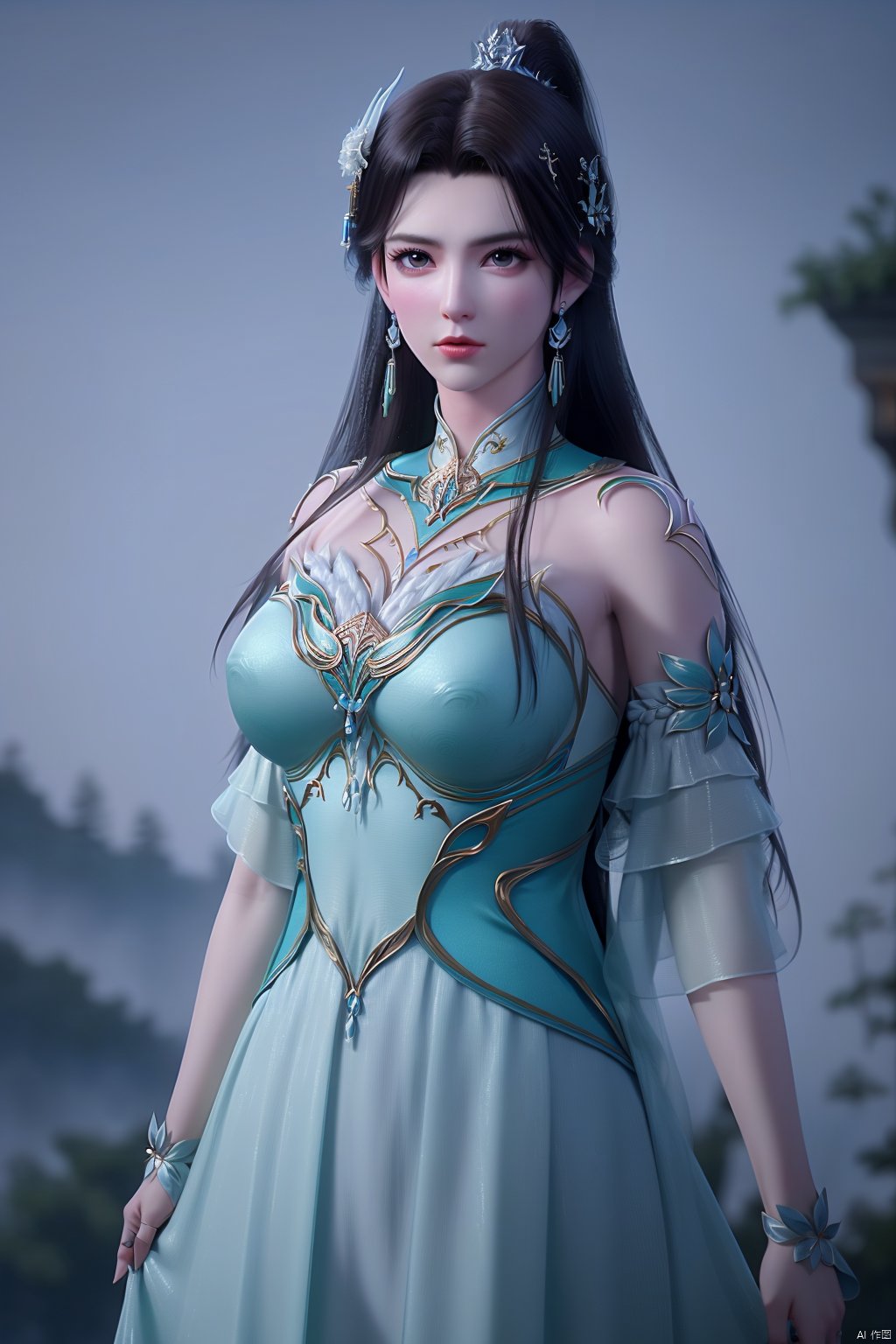  (8k, RAW photo, best quality, masterpiece:1.2), (realistic, photorealistic:1.3), ultra-detailed, extremely detailed cg 8k wallpaper, (crystalstexture skin:1.2), extremely delicate and beautiful,1girl,long hair,big eyes,flowers,jewelry,hair ornament,single ponytail,(looking at viewer),chinese clothes,dress,cowboy shot,outdoor,