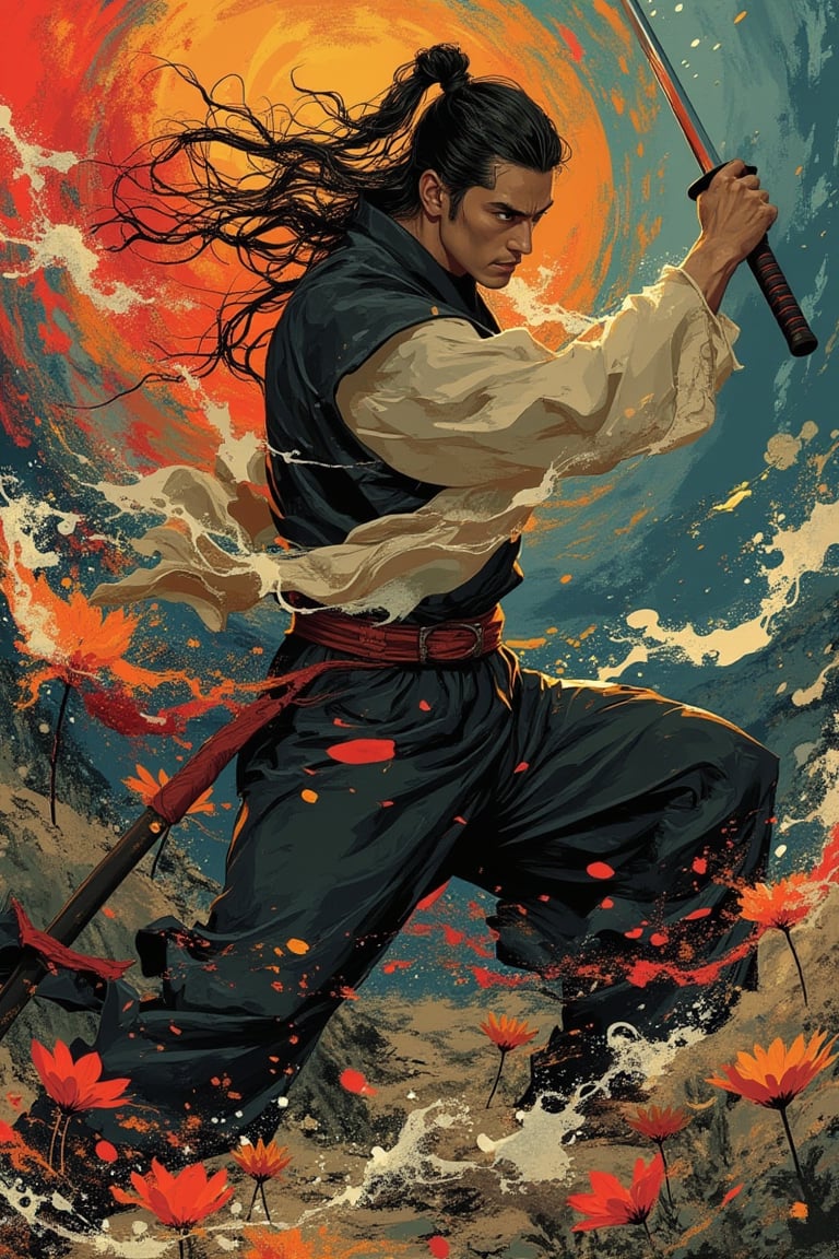 A manga-style illustration featuring a handsome man, Kamui, in action with a katana, inspired by Georgia O'Keeffe's art. The man is mid-strike, his muscles tense, in a dynamic pose against a desert landscape with vibrant, abstract flowers in the background. The lighting is dramatic, casting sharp shadows, and the composition emphasizes the power and grace of his movement.