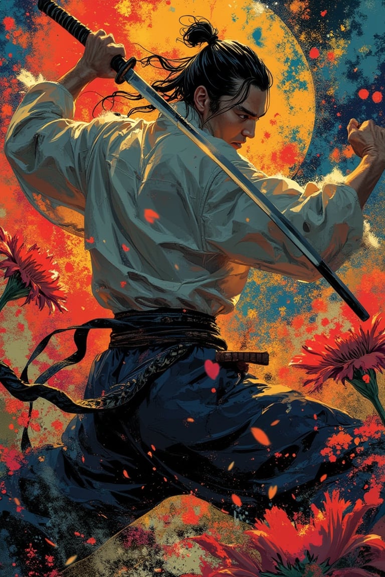 A manga-style full-body shot featuring a man, inspired by Yakuza Kamui and Georgia O'Keeffe's art, engaged in a fierce fight with his villain. The man is in a dynamic combat stance, wielding a katana with precision, against a backdrop of abstract, vibrant desert flowers. The lighting is dramatic, casting sharp shadows, emphasizing the intensity of the battle. The composition is centered on the action, capturing the raw energy and determination of the protagonist.