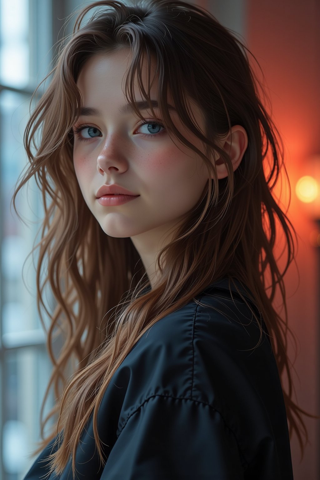 A stunningly beautiful slim 20 year old with brown hair blonde highlights and unique make is wearing goth clothes and smiling at the viewer in her bedroom, full body
Glowing eyes pink.