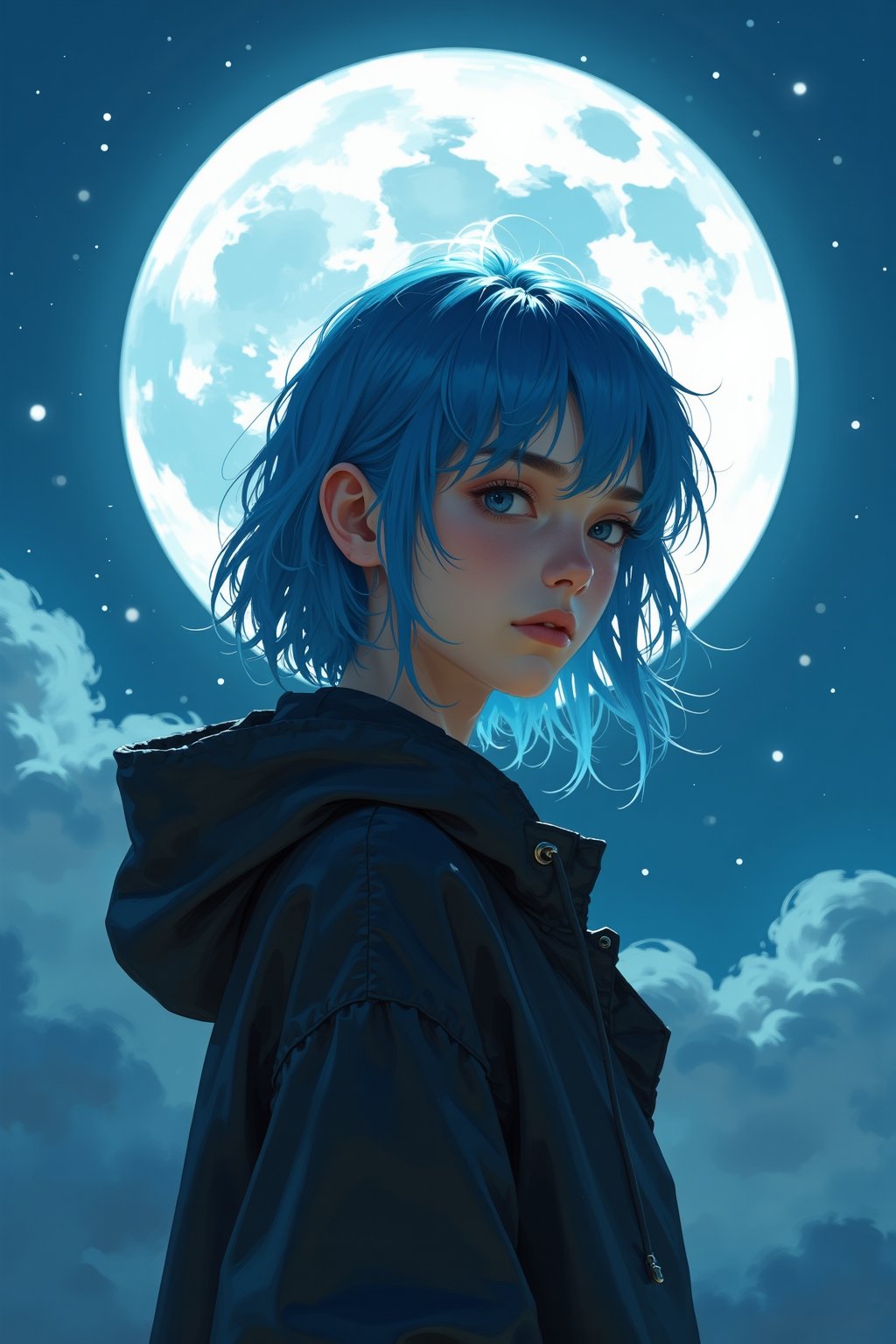 hyper realistic high-resolution woman with blue hair standing in the middle of the moon, in the style of edgy caricatures, gothic atmosphere, animated illustrations, womancore, yup'ik art, dark cyan and dark bronze, marvel, sharp focus, crisp image