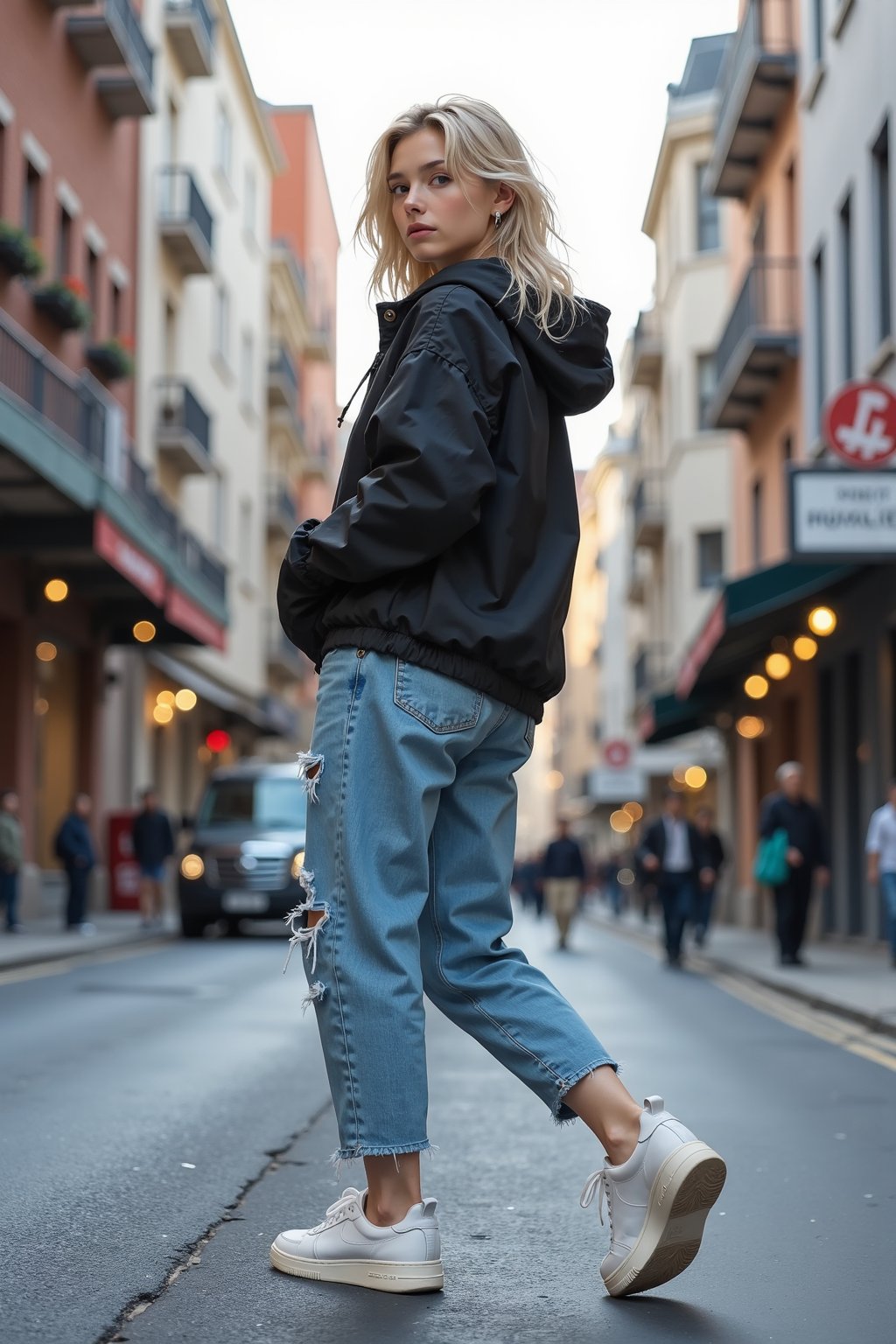 Setting: A bustling city street with modern architecture and vibrant street art.
Outfit: Casual, trendy outfit with a mix of streetwear and high fashion elements (e.g., oversized jacket, distressed jeans, statement sneakers).
Pose: Walking confidently down the street, looking back over her shoulder with a slight smile.
Lighting: Natural daylight with soft shadows, emphasizing the urban environment.