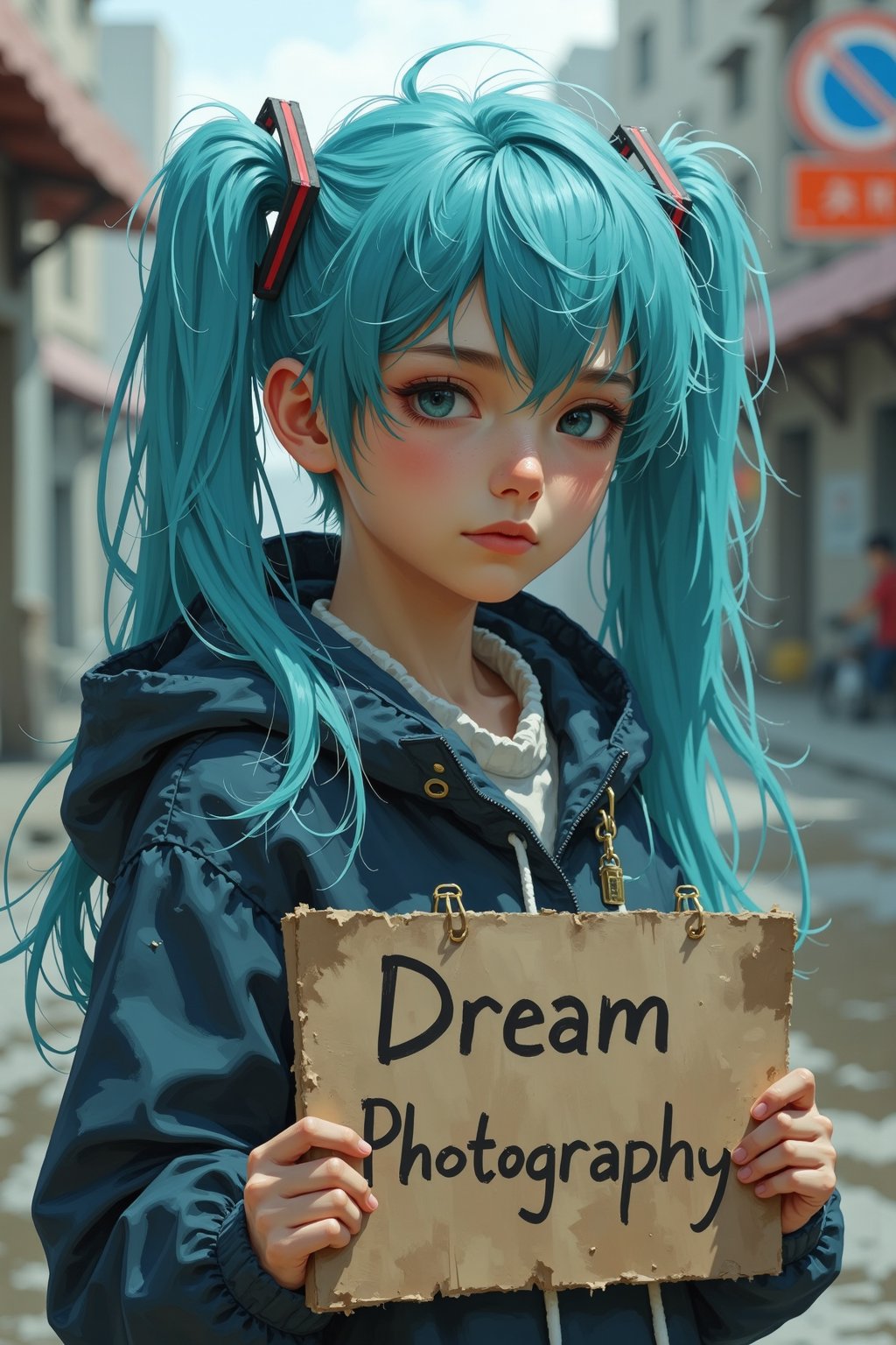 poor dirty Hatsune Miku on a dirty dingy street corner begging, she is holding a sign that reads "Dream Photography" written in marker, she has messy air and dirty clothes, her face is also dirty. She has a sad look on her face. Her eyes convey her desperation and longing for buzz. dystopian, desolate, run down, dirty, filthy, greasy, oily, stained, gross, disgusting. Longing eyes, sad eyes, desperate eyes, look of despair, look of desperation.