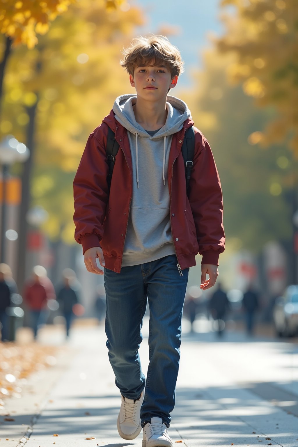 a young college student, walking on the street, campus background, photography