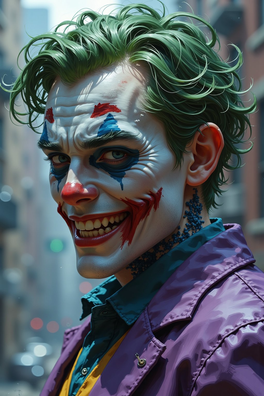 hyper realistic high-resolution image, mix of The Joker a zombie and cyborg , cyborg skull, upper body, purple and green cyborg suit, made of metal, scratchy metal, extremely detailed, sci-fi, blurred background . graphic illustration, comic art, graphic novel art, vibrant, highly detailed, sharp focus, crisp image