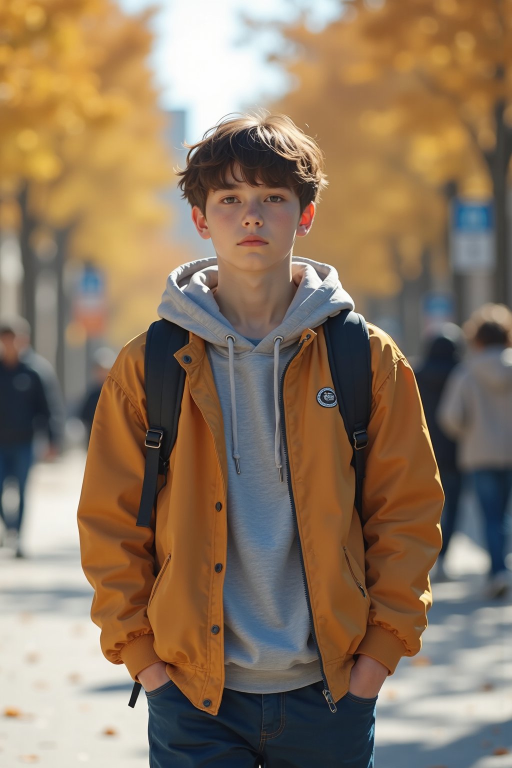 a young college student, walking on the street, campus background, photography