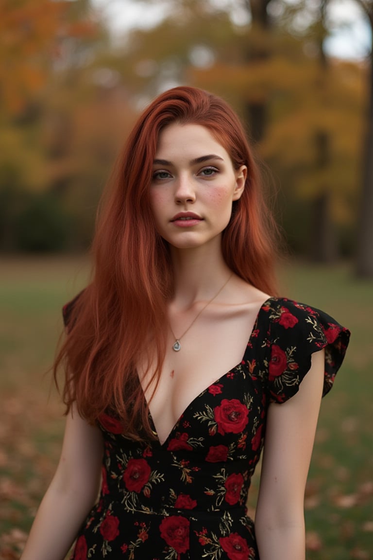 woman,luxury dress, shy, redhead, long hair, freckles, outdoors, autumn\realface\