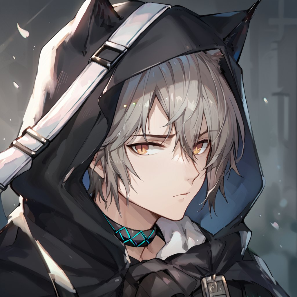 score_9, score_8_up, score_7_up, score_6_up, score_5_up, score_4_up, source_anime, BREAK, 1boy, male focus, looking at viewer, close up,,phantom_arknights,cat ears,grey hair,hood up,black cape,black jacket,