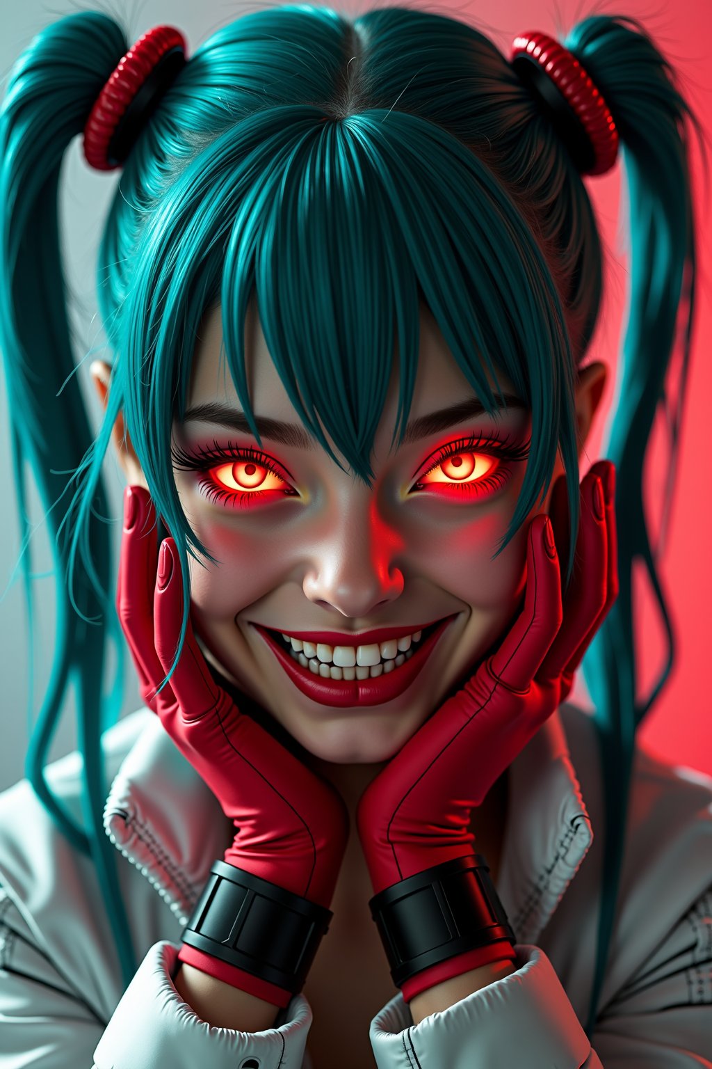 A young woman with long, twin teal ponytails tied with sleek black and red hair ties. Her glowing, crimson eyes reflect a sense of danger and playfulness. She wears a white jacket with red gloves, her hands framing her face with slightly curled fingers, emphasizing her predatory grin. Her sharp teeth gleam as she gives a sinister, playful smirk. The lighting is dramatic, with sharp contrasts casting shadows on her angular face, and a faint red glow illuminates the background. Her expression is one of wild excitement, capturing an intense and unsettling energy. The overall atmosphere is dark and foreboding, with the soft glow from her eyes and subtle red highlights creating a haunting, almost supernatural feel