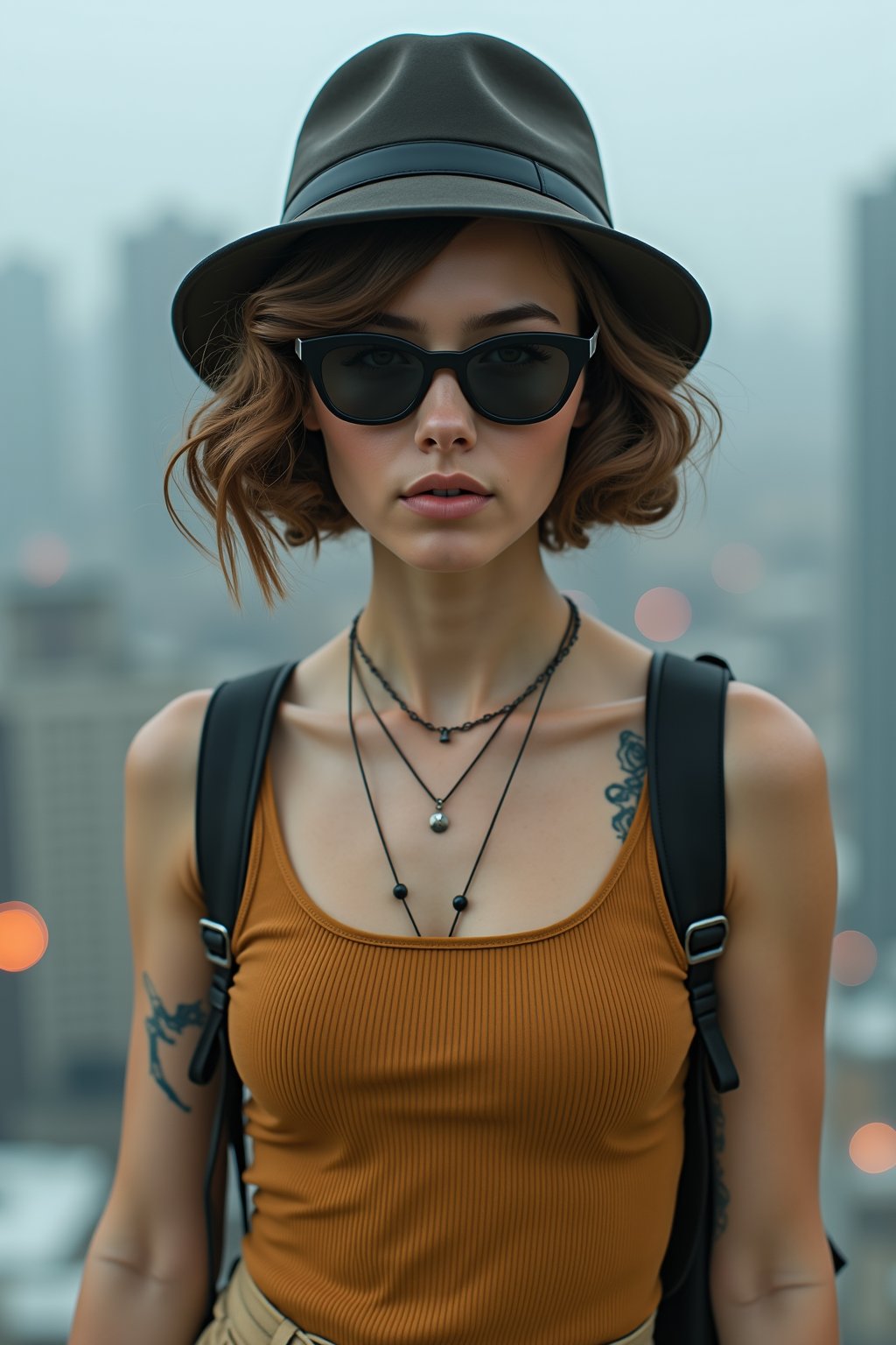 1girl high fashion photography of a young woman as a ((scifi character)) with ((victory rolls hair)) wearing a (hat),  dressed in sleeveless top,  tan cropped pants,  black sunglasses,  black backpack straps,  ribbed texture top,  light colors,  urban setting,  geometric structures,  blurred background,  overcast lighting,  facing camera,  relaxed posture,  slightly parted lips,  eye-level shot,  center framed,  natural light,  atop a towering megastructure,  neon lights,  (natural skin texture,  hyperrealism,  soft light,  sharp:1.2),  surrealism,  rokoko,  (high angle:1.3),  shot on Sony A6400 with Sony E 35mm f-1.8 OSS,  photo by Petra Collins