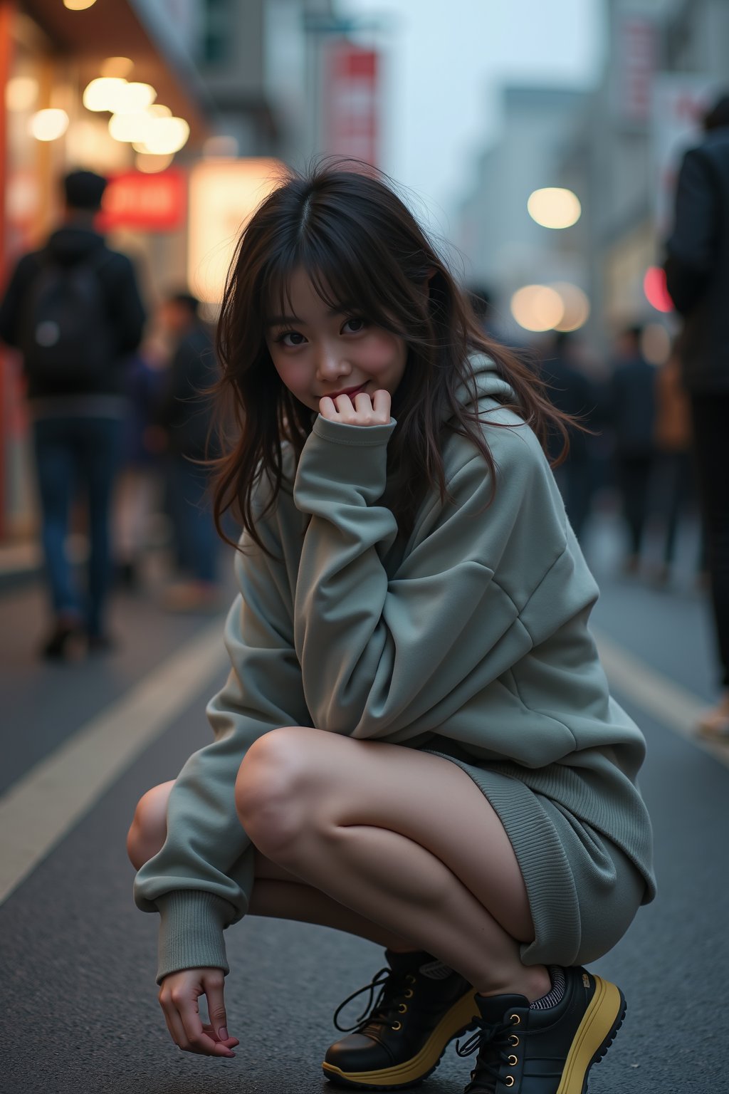 raw photo, instagram photo, artistic mood, 1girl, 18 years old, Korean pretty, innocent face, messy hair, crouching, panty shown, lifted skirt, naughty smile, street, crowd, secret, moody, from below