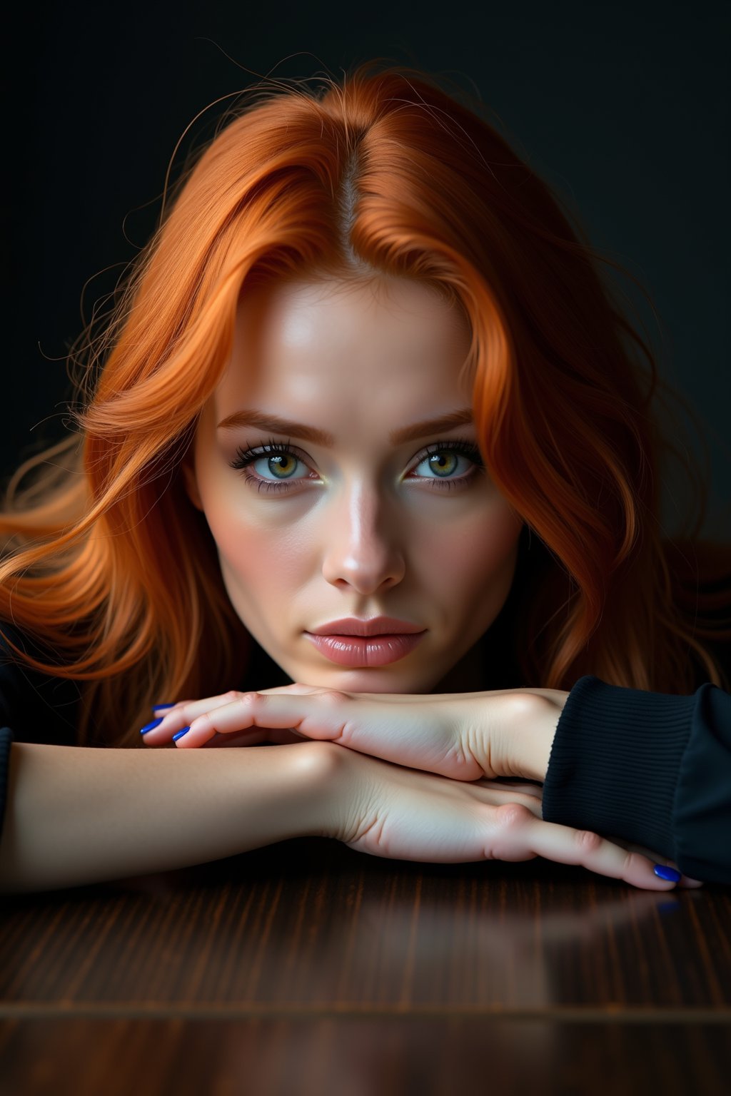 A photorealistic close-up of an Irish woman with fair skin, long red hair flowing over one breast, and striking green eyes framed by dark lashes. Her lips are subtly tinted blue, with refined makeup enhancing her natural beauty. Her arms rest on a dark wooden desk behind her, visible but slightly blurred to keep the focus on her face. Soft lighting from the front highlights her facial features, while subtle backlighting creates a glowing outline around her hair and shoulders, adding depth. The background is deep black, ensuring her face and hair stand out vividly, with smooth transitions between light and shadow emphasizing realism