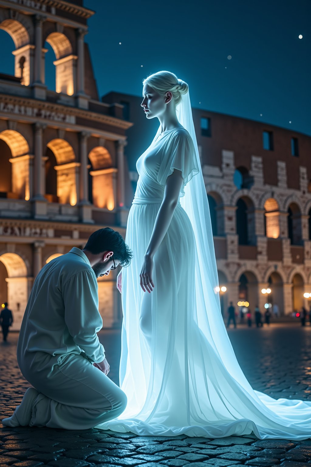 An ethereal translucent feminine ghost of striking beauty stands in the middle of the Rome Coliseum at night, her translucent form faintly illuminated by soft ghostly light. In front of the beautiful translucent ghost is the translucent glowing figure of a man kneeling on the ground in prayer.  The beautiful translucent ghost is draped in delicate, flowing Roman-style robes that reveal the curves of her graceful body. Her face is both beautiful and sensual, with a touch of melancholy. Her body is also translucent, revealing that she isn't entirely present in this world. The Coliseum is only visible by faint starlight and the glow of the modern city of Rome.  In the distance, a security guard watches in awe, barely illuminated by the ghost’s luminescence. The scene captures the eerie beauty of love and loss in a haunting, serene atmosphere. Roman Clothing, etherial, translucent, church crypt, light reflecting from security guard's glasses,