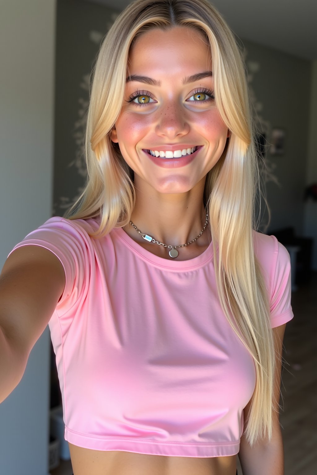 1girl, selfie, arm stretched out towards camera, ((18-years-old,)) really pretty face, (long straight blonde hair, super skinny body type, pale skin, freckles,) youthful face, perfect skin, naturally beautiful, hazel eyes, large thin nose, full plump lips, wearing an extremely tight pink crew neck crop top t-shirt, abs exposed, small breasts, [close up shot,] real photo, SFW