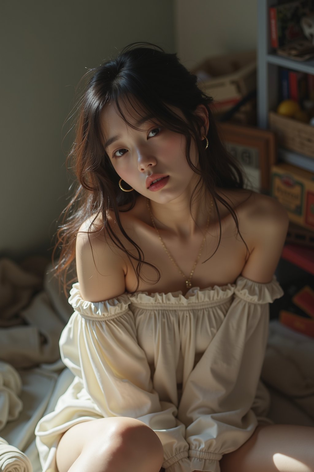 raw photo, instagram photo, artistic mood, 1girl, 18 years old, Korean pretty, innocent face, messy hair, W-sit, panty, off-shoulder, tired, exhausted, on floor, messy room