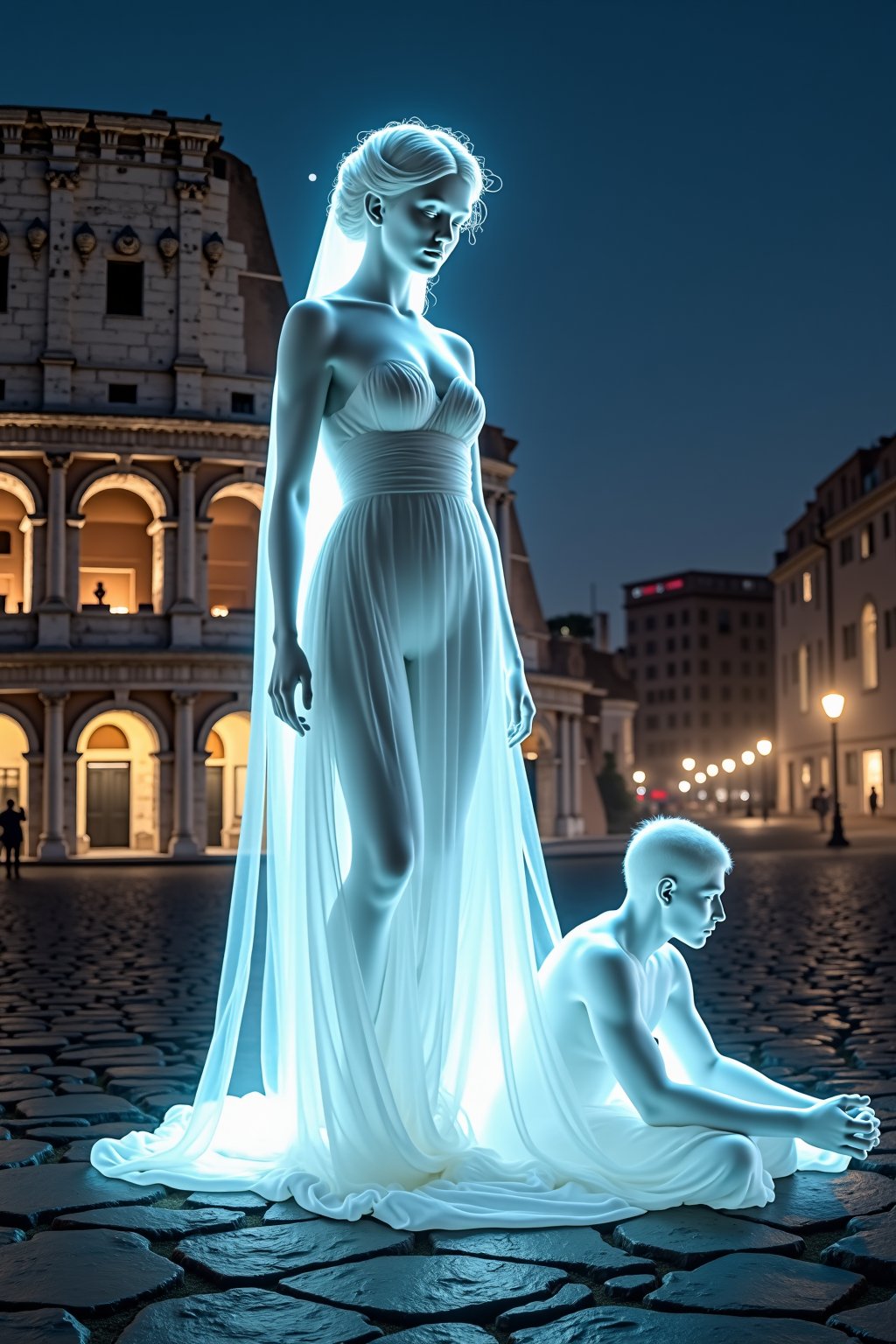 An ethereal translucent feminine ghost of striking beauty stands in the middle of the Rome Coliseum at night, her translucent form faintly illuminated by soft ghostly light. In front of the beautiful translucent ghost is the translucent glowing figure of a man kneeling on the ground in prayer.  The beautiful translucent ghost is draped in delicate, flowing Roman-style robes that reveal the curves of her graceful body. Her face is both beautiful and sensual, with a touch of melancholy. Her body is also translucent, revealing that she isn't entirely present in this world. The Coliseum is only visible by faint starlight and the glow of the modern city of Rome.  In the distance, a security guard watches in awe, barely illuminated by the ghost’s luminescence. The scene captures the eerie beauty of love and loss in a haunting, serene atmosphere. Roman Clothing, etherial, translucent, church crypt, light reflecting from security guard's glasses,