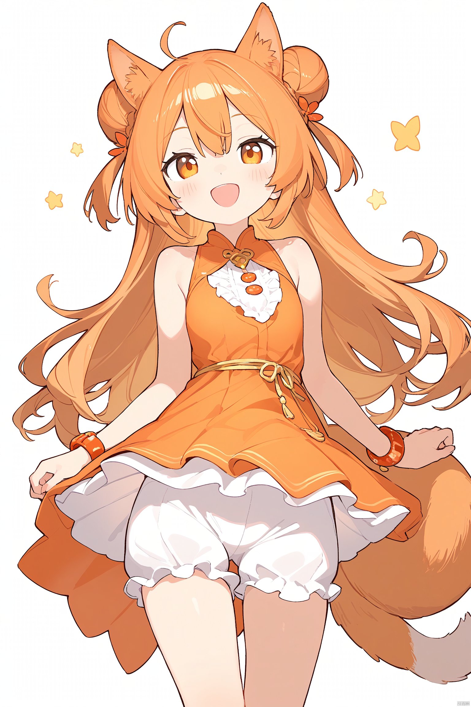 1girl, :d, animal_ears, bloomers, bracelet, double_bun, dress, jewelry, long_hair, open_mouth, orange_eyes, simple_background, sleeveless, smile, solo, tail, underwear, white_background, wristband