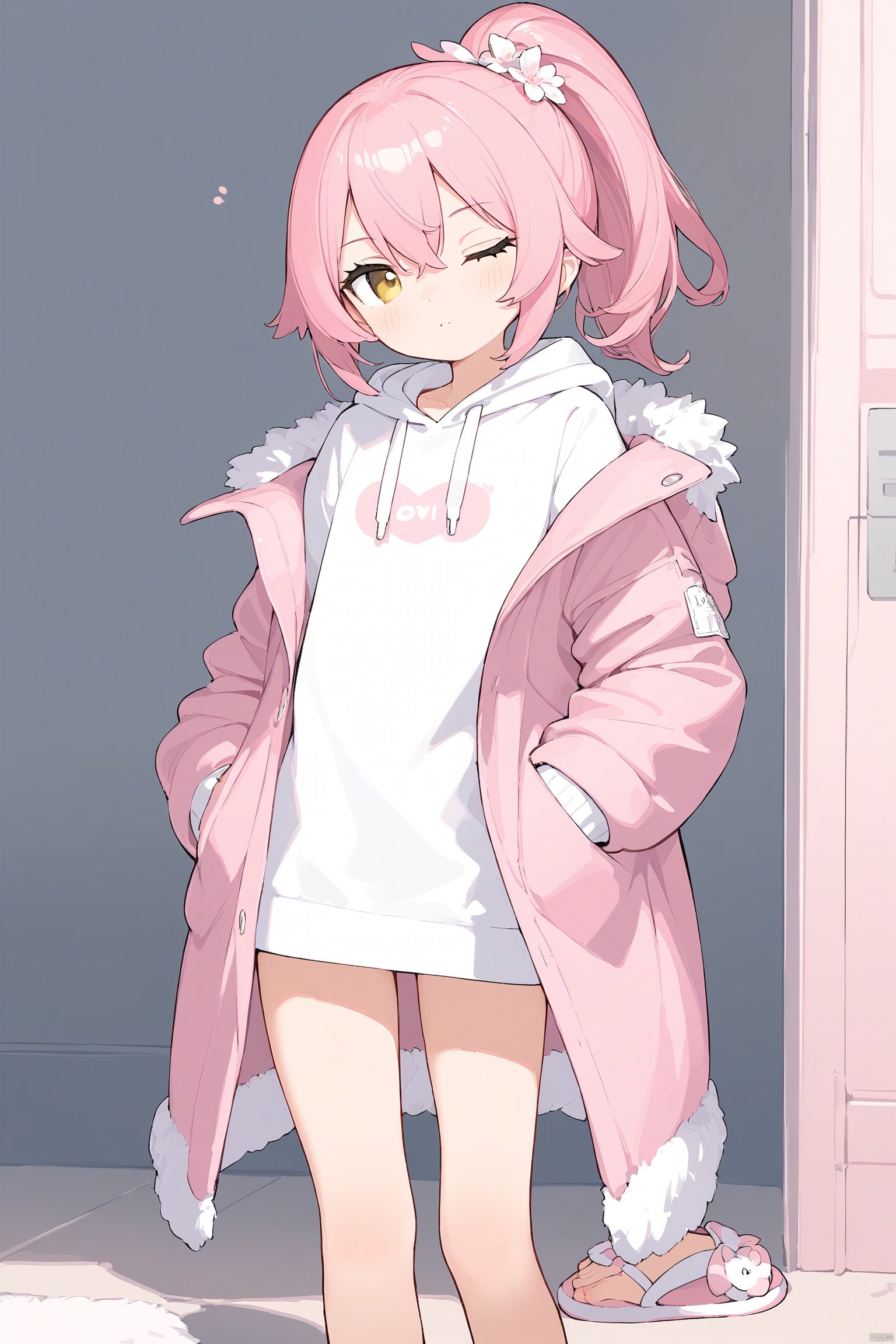 (masterpiece),(best quality),1petite loli, solo.pink hair, long pink hair, (yellow eyes),puffy sleeves,fur-trimmed jacket, hair flower, fipped hair, high ponytail, loose over_sized Casual T-shirt, white shirt, hoodie coat, bare legs, slippers;relaxed, one-eye_closed, , looking at viewer, standing,hands in pockets