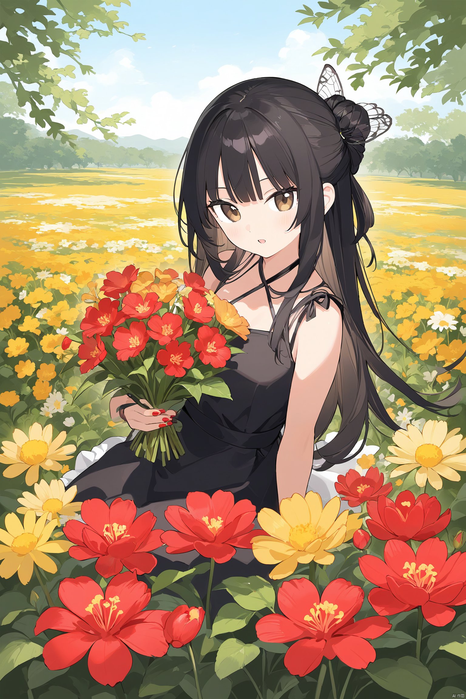 1girl, bangs, bare_arms, bare_shoulders, berry, black_hair, blunt_bangs, bouquet, brown_eyes, bug, butterfly, camellia, daisy, dandelion, dress, floral_print, flower, flower_field, hibiscus, holding_flower, leaf, long_hair, looking_at_viewer, nail_polish, orange_flower, parted_lips, plant, red_flower, red_nails, red_rose, sitting, sleeveless, solo, spider_lily, sunflower, tulip, yellow_flower