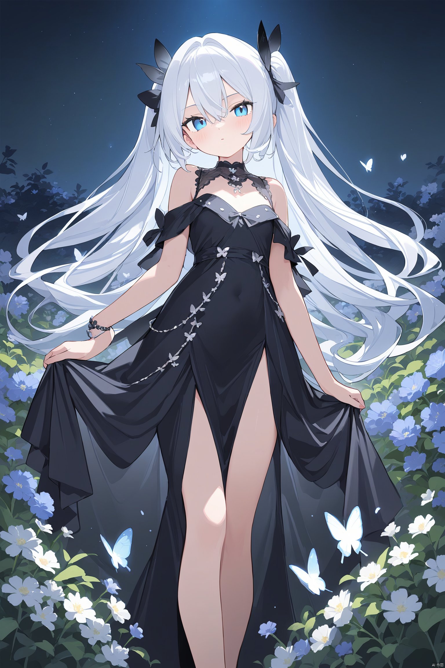 (masterpiece),(best quality),night,glowing eyes,gothic,long dress, 1 girl, solo, long white hair, blue eyes, detailed eyes, blink and youll miss it detail,butterfly, flower garden, high quality, floral background, very detailed,off shoulder