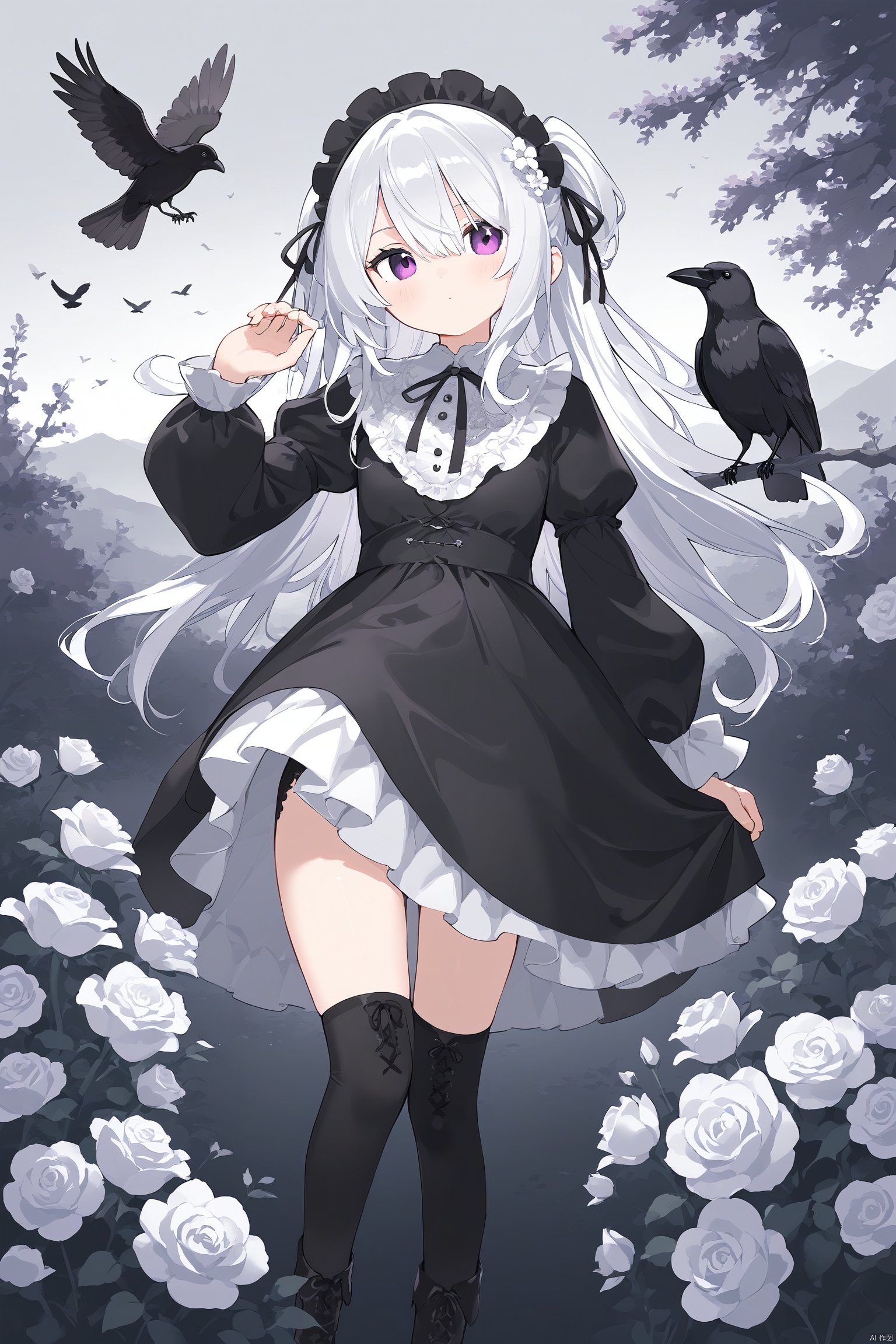 1girl, crow, flower, bird, hair_flower, hair_ornament, sitting, solo, long_hair, white_flower, bird_on_hand, dress, thighhighs, purple_eyes, white_hair, black_dress, tree, hair_over_one_eye, gothic, grey_sky, lolita_fashion, boots, gothic_lolita, outdoors, rose, long_sleeves, white_rose