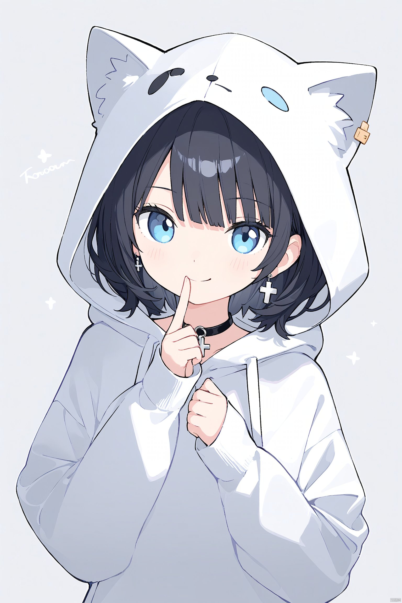 1girl, animal_ears, animal_hood, artist_name, bangs, black_hair, blue_eyes, cat_hood, choker, closed_mouth, cross_earrings, earrings, finger_to_mouth, grey_background, hood, hood_up, hoodie, jewelry, long_sleeves, looking_at_viewer, short_hair, signature, simple_background, smile, solo, upper_body, v, white_hoodie