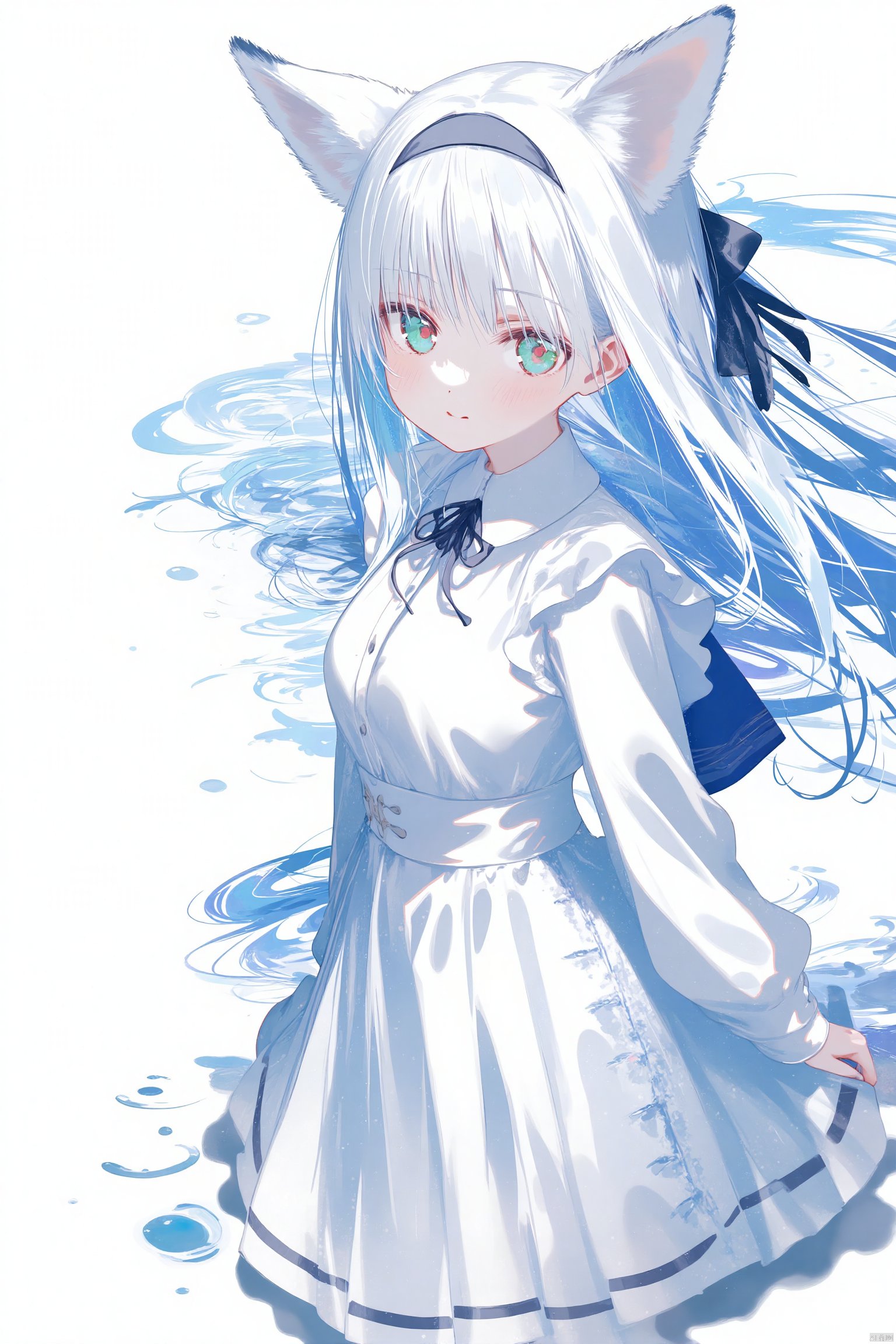 (white background:0.7), rsef, rella, konya karasue, neg_\(101neg\), vocaloid, watercolor \(medium\), 1girl, solo, green eyes, red eyes, heterochromia, fox ears, black headband, hair intakes, white hair, long hair, center frills, collared shirt, white shirt, crossed bangs, leaning back, skirt, cable, blue theme, looking at viewer, standing, ripples, aurora, digital iridescent