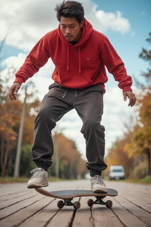 A dynamic ranged, close-up, ground to sky photograph capturing a confident asian skateboarder performing an ollie motion on a wooden surface with a more colorful blurred city background. The skateboard shows visible wear, the skater is dressed in a bright red hoodie and loose-fitting pants, wearing light-colored, slightly scuffed Nike shoes. The partially cloudy sky above adds to a vibrant, urban atmosphere with hints of autumn foliage.