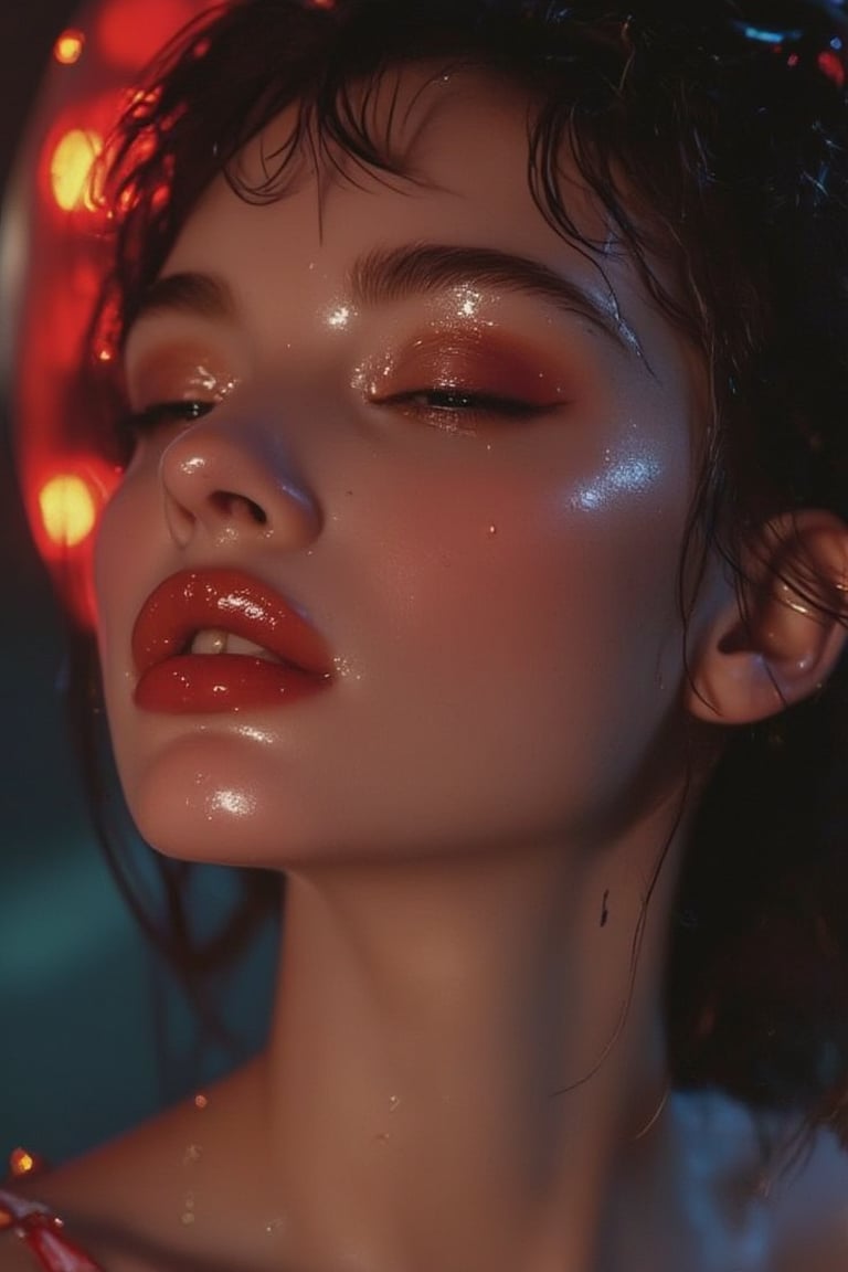 A striking woman with glossy, saliva-covered lips gazing intensely, draped in luxurious fabrics against a futuristic sci-fi backdrop."

glossy lips, wet saliva, intense gaze, half-body silhouette, luxurious silk fabric, dramatic lighting, soft-focus, ethereal glow, detailed face, realistic texture, sci-fi elements, futuristic mood, timeless style, Alfred Eisenstaedt, Robert Frank, high-contrast photography