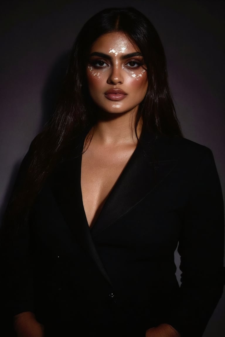 A woman stands confidently, full-figured in a dark, moody environment. Her eyes, heavily made-up with intricate designs, seem to pierce through the dim light, which casts long, dramatic shadows across her sharp jawline and defined cheekbones. Dark, dramatic lips (1.4) paint a bold statement, matching the intensity of her gaze. The purple matte finish (1.3) adds depth and sophistication to her look. Her pose exudes confidence, with clean edges and sharp definition highlighting her features against the dark backdrop.