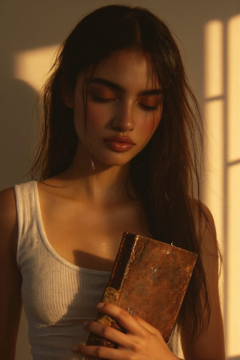 Soft focus on the woman's lips, slightly parted in contemplation, as warm golden light highlights her features from behind. Her dark hair cascades down her back, framing her gentle smile and closed eyes. The soft white blouse and worn leather book provide a subtle contrast to her calm demeanor against a minimalist background. Open eyes would reveal her thoughtful gaze.