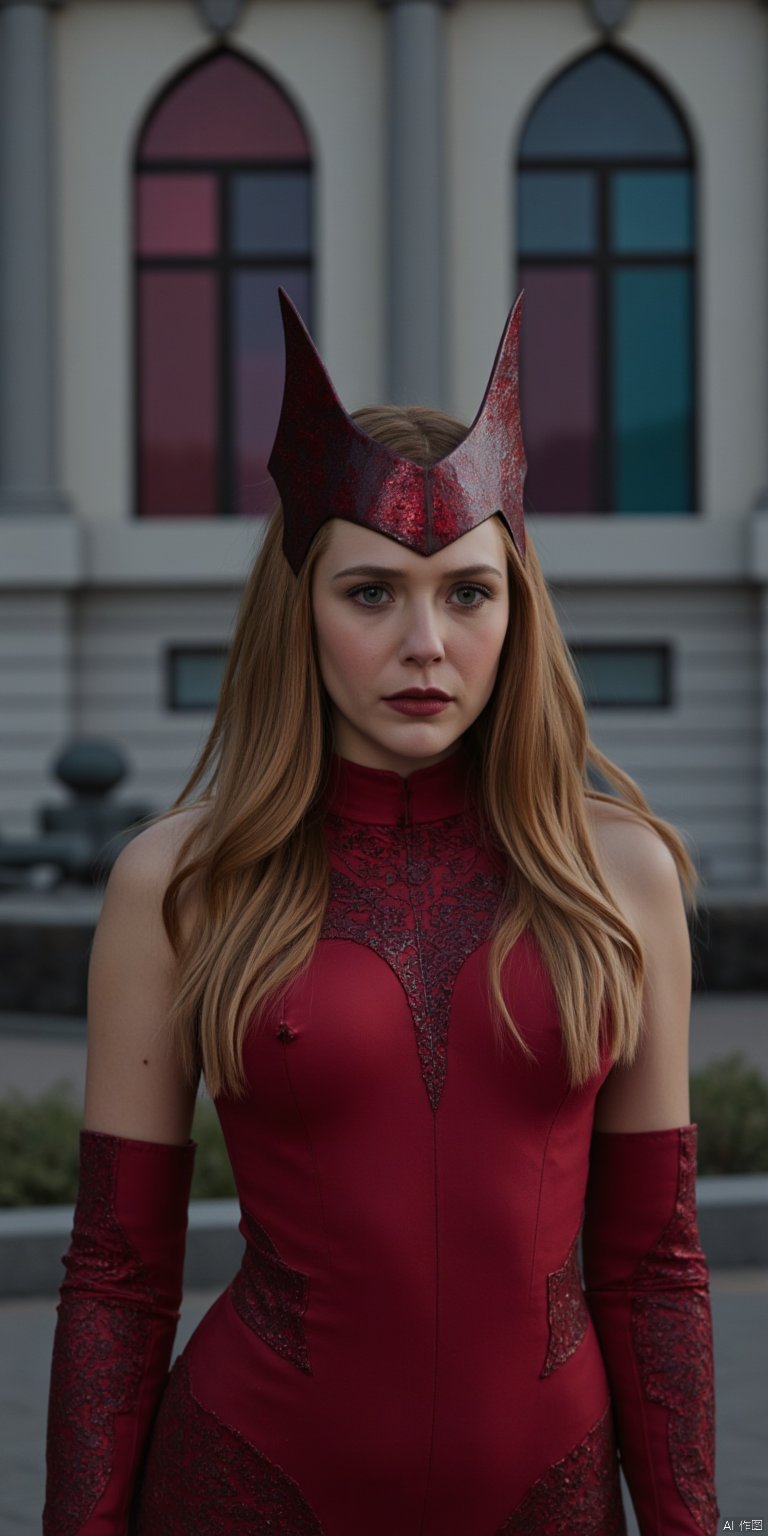 The image is a high-resolution photograph featuring a woman standing in an outdoor setting with a modern architectural backdrop. The woman, who appears to be in her late 20s to early 30s, has light skin and long, wavy, golden-brown hair that cascades past her shoulders. She is wearing a red, high-necked costume with intricate, metallic armor-like patterns, which accentuates her slender physique. Her eyes are a striking green, and she has a serious, contemplative expression. The woman's head is adorned with a pair of distinctive, red, winged headpieces that resemble the antennae of an insect, with a metallic sheen. These headpieces are connected to a dark, leather-like headband that wraps around her forehead, adding to her mysterious and otherworldly appearance. The background is a large, ornate building with arched windows and a white, columned facade. The windows are painted with a deep, rich blue and red hue, casting a dramatic light on the scene. The overall color scheme of the image is predominantly dark and muted, with the exception of the vivid red and blue tones from the windows, which add a sense of depth and contrast.,Elizabeth Olsen,