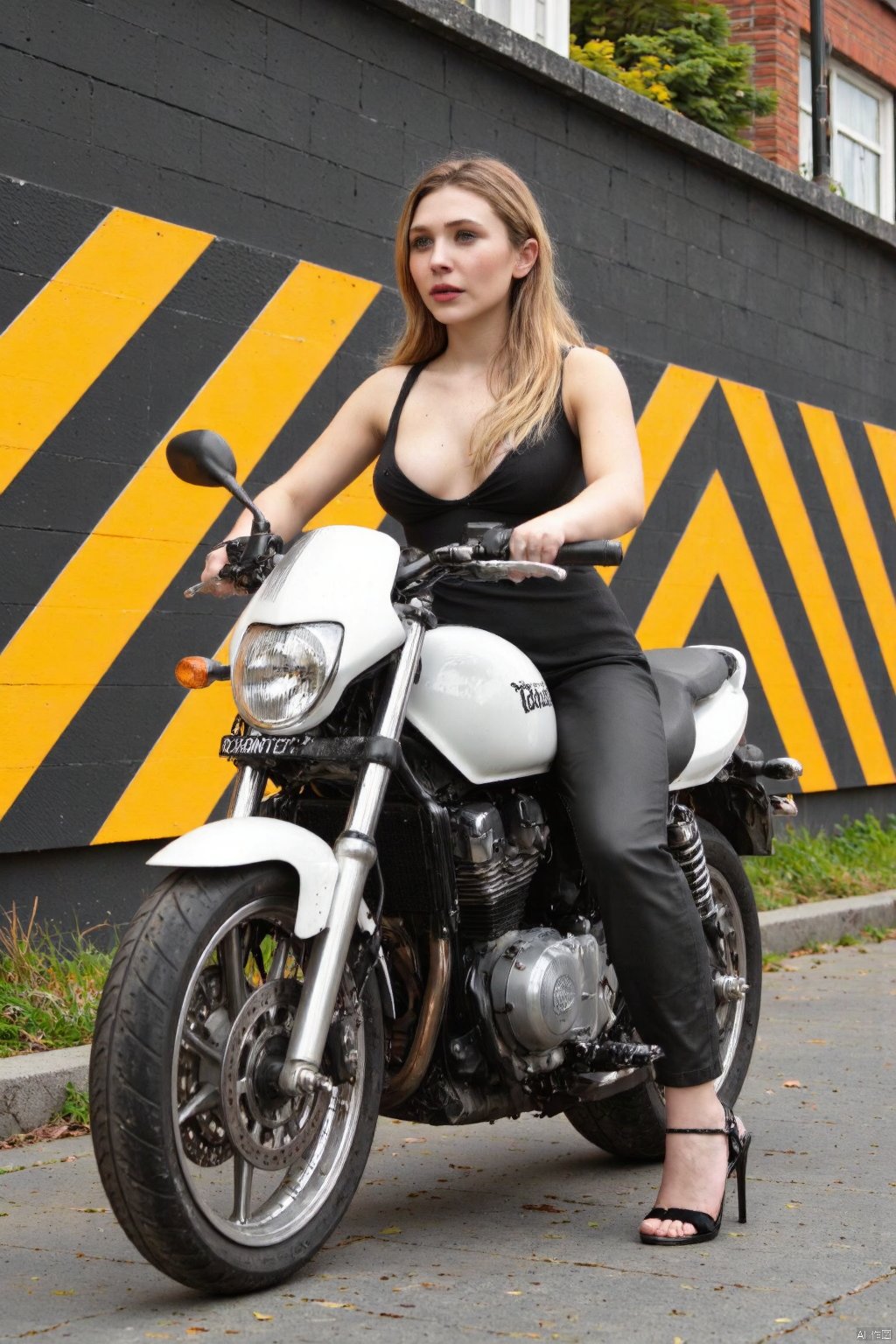 A dynamic young woman sits astride a gleaming white motorcycle, her confident pose exuding a sense of freedom and power as the urban landscape unfolds behind her. The stark contrast of bright yellow and black stripes adorns the city walls, creating a bold and edgy backdrop for this striking scene.zjq,ELIZABETH OLSEN,AIDMAREALISTICPEOPLEPHOTOGRAPH